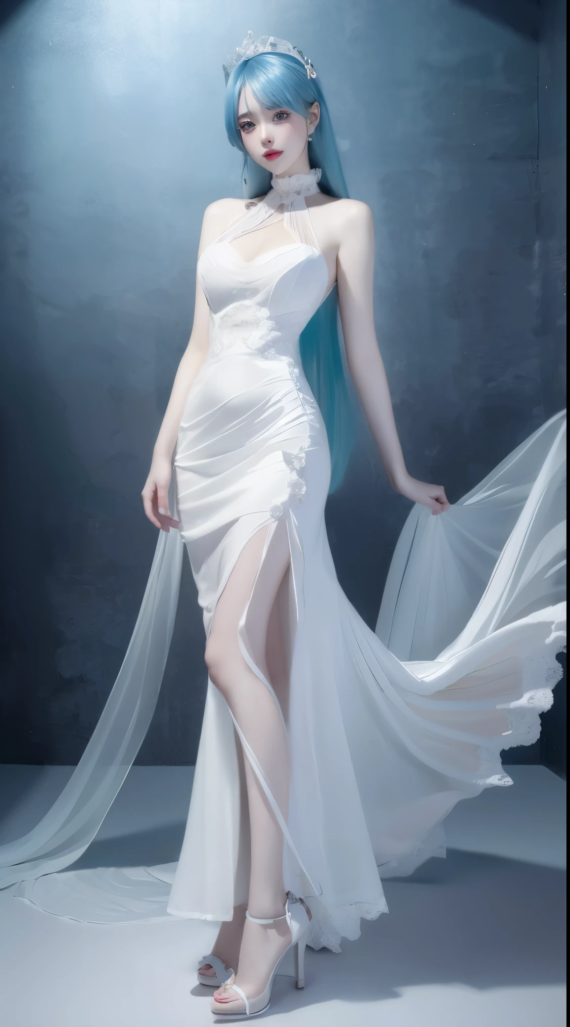 8k, surreal, masterpiece, best quality, super detailed, high resolution, random background, 1 girl, (:1.5), Yao Liu, white dress，cyan hair，translucent，whole body，High heel透明婚纱，High heel，whole body，cyan