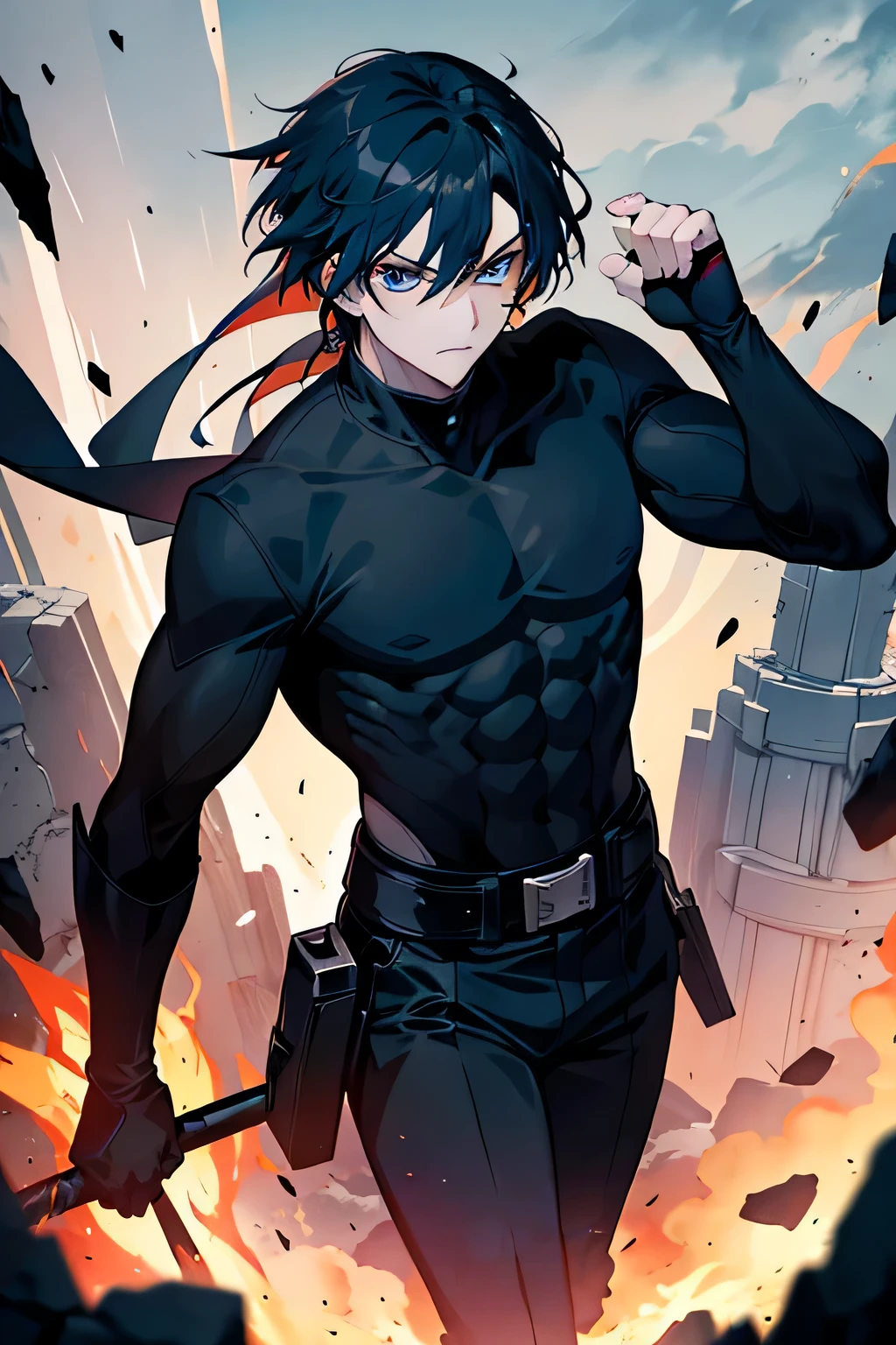 The image showcases an imposing anime or manga character hailing from the Manho Solo Leveling series. Towering at 190cm, this beautiful yet ominous figure boasts striking blue eyes and coal-black hair. The main color palette revolves around deep blues and blacks, interspersed with vibrant orange accents that mimic the intensity of fire or sparks. The background exudes an air of mystery, with enveloping shadows that amplify the character's powerful and enigmatic aura. Tightly clad in a black t-shirt, this character exudes an aura of strength and determination that is impossible to ignore. The scene is a clever blend of