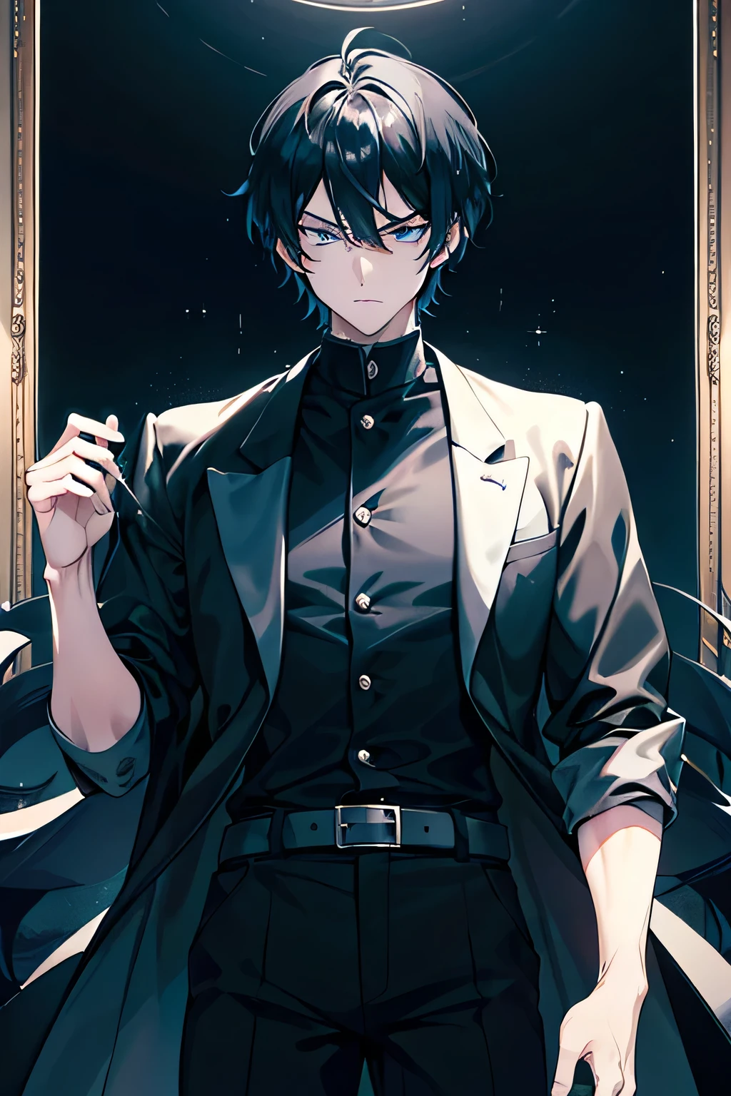 The captivating image showcases an anime or manga character from Manho Solo Leveling, standing tall at 190cm. His imposing height amplifies his regal aura as he dons a black, collared shirt, revealing a hint of his muscular build. His sharp blue eyes gleam with determination and intensity, adding to his mysterious allure. His black hair, styled in a sleek yet textured manner, frames his face as he gazes off into the distance, eyebrows slightly furrowed. The main colors in the image are dark blue and black, accentuated by orange hues that radiate from him, symbolizing his hidden power or aura. The background is filled with en
