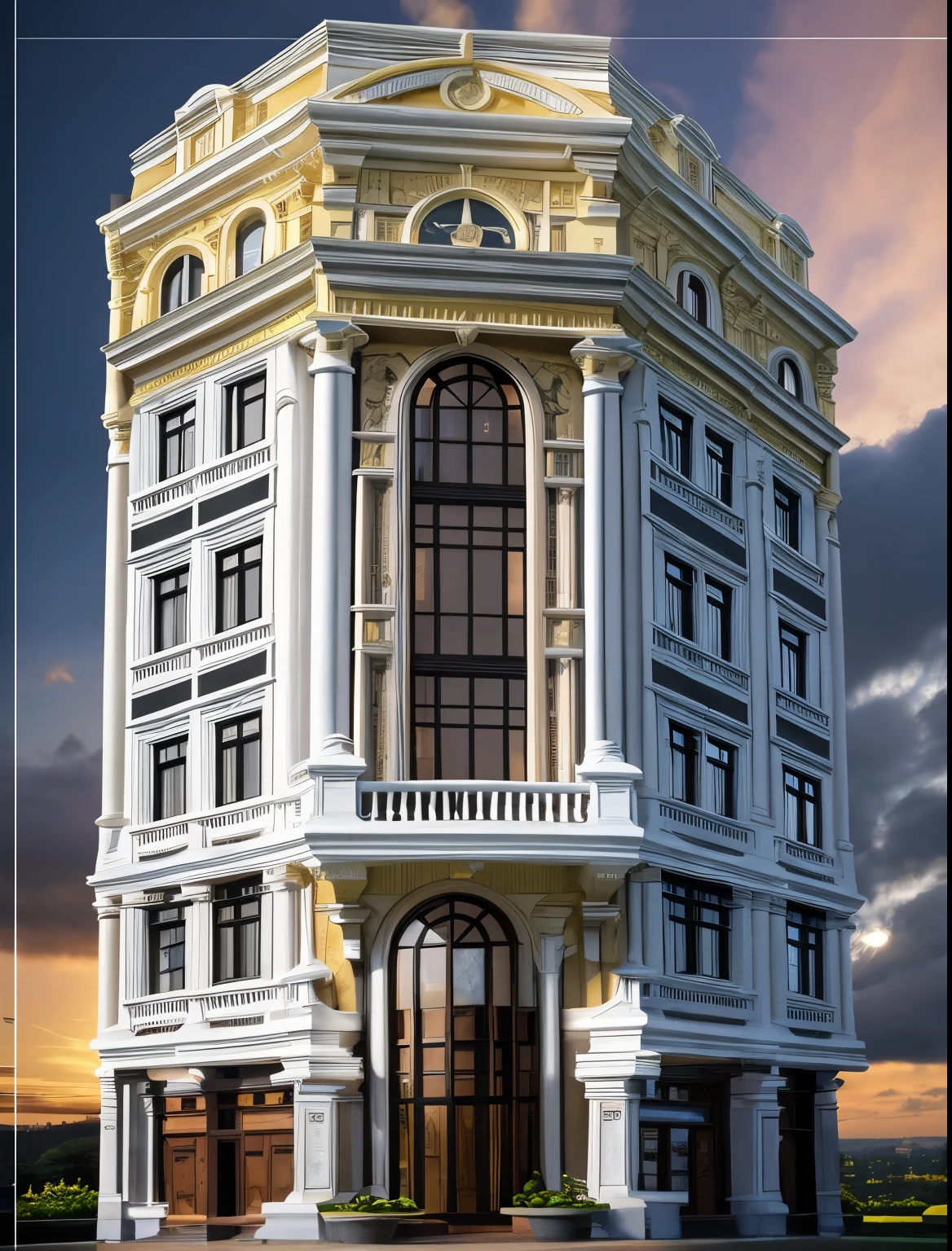 RAW photo multistory building, neo - classical style, realistic building (super detailed), high quality architectural art, ) ,85mm, f1.8, portrait, photo realistic, hyper realistic, super detailed, intricate, dramatic, sunset lighting, shadows, high dynamic range, vietnam, masterpiece, ultra realistic, 32k, extremely detailed CG unity 8k wallpaper, best quality