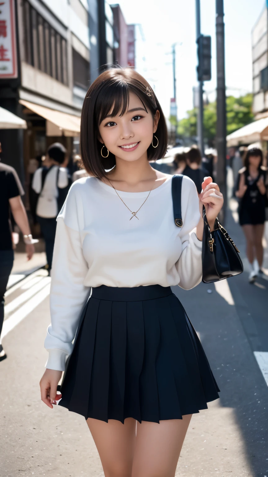 (Surrealism, RAW photo, Incredibly absurd, Nikon, 8k, super detail, masterpiece, intricate details), 
(anatomically correct, perfect human body, beautiful and cute face, silky skin), 
(************, Japanese girl, idle face, Haruka Fukuhara, slim waist and busty body, Slender legs, large breast, baby face), 
(round face, black hair, short bob cut, bangs, Down-slating eyebrows, Moist eyes, Shining eyes, one little earring, light blush), 
(street snap, random pose, pinch the skirt), 
((look down at the viewer, look at camera, close her eyes and smile)), 
((micro mini skirt, oversized sweatshirt, small bag)), 
(Tokyo, Aoyama, Main street, very crowded road), 
Natural lighting, full length, whole body, angle from below