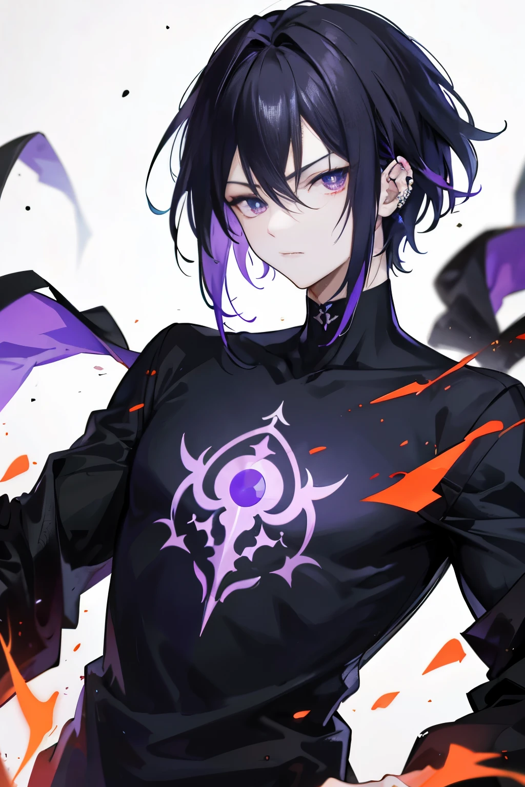 The image showcases an intriguing anime or manga character with inky black hair and piercing purple eyes, evoking a sense of mystery and allure. The character's attire consists of a simple black T-shirt that adds to his understated yet powerful presence. The dominant colors in the scene are deep blue and black, punctuated by vibrant orange accents, creating an atmosphere of hidden flames or sparks. The background is shrouded in enigmatic shadows, further enhancing the character's aura and the perception of his enigmatic powers. At a towering height of 190cm, this captivating figure hails from the Manho Solo Leveling universe.