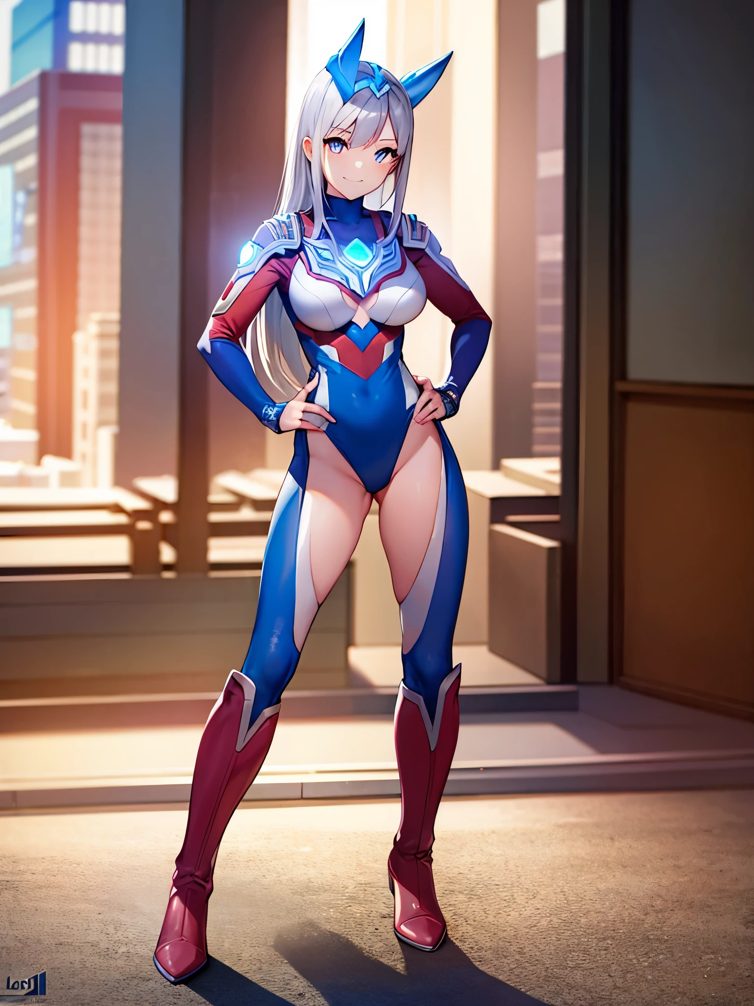 extremely detailed CG unreal engine 8k, best quality, (detailed fingers, detailed hands, detailed face), all intricate, 1girl, beautiful detailed girl, (ultragirl :1.0), ultraman bodysuit, leotard, bare legs, knee boots, full body, smile, thumbs up, stylish posing, hand on hip, standing, detailed buildings behind, outside
