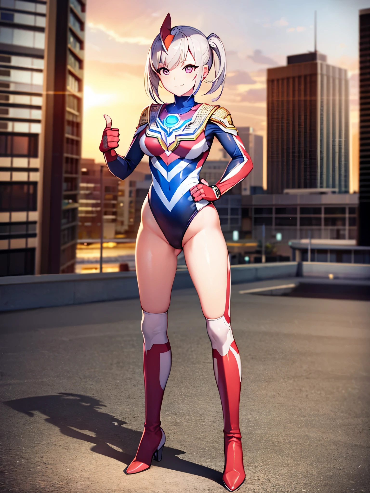 extremely detailed CG unreal engine 8k, best quality, (detailed fingers, detailed hands, detailed face), all intricate, 1girl, beautiful detailed girl, (ultragirl :1.0), ultraman bodysuit, leotard, bare legs, knee boots, full body, smile, thumbs up, stylish posing, hand on hip, standing, detailed buildings behind, outside