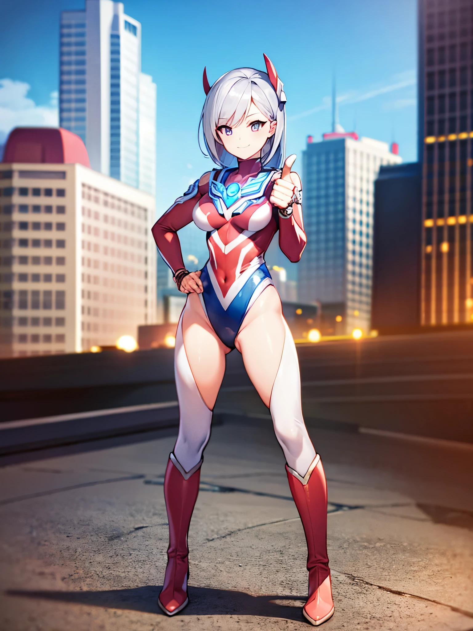 extremely detailed CG unreal engine 8k, best quality, (detailed fingers, detailed hands, detailed face), all intricate, 1girl, beautiful detailed girl, (ultragirl :1.0), ultraman bodysuit, leotard, bare legs, knee boots, full body, smile, thumbs up, stylish posing, hand on hip, standing, detailed buildings behind, outside
