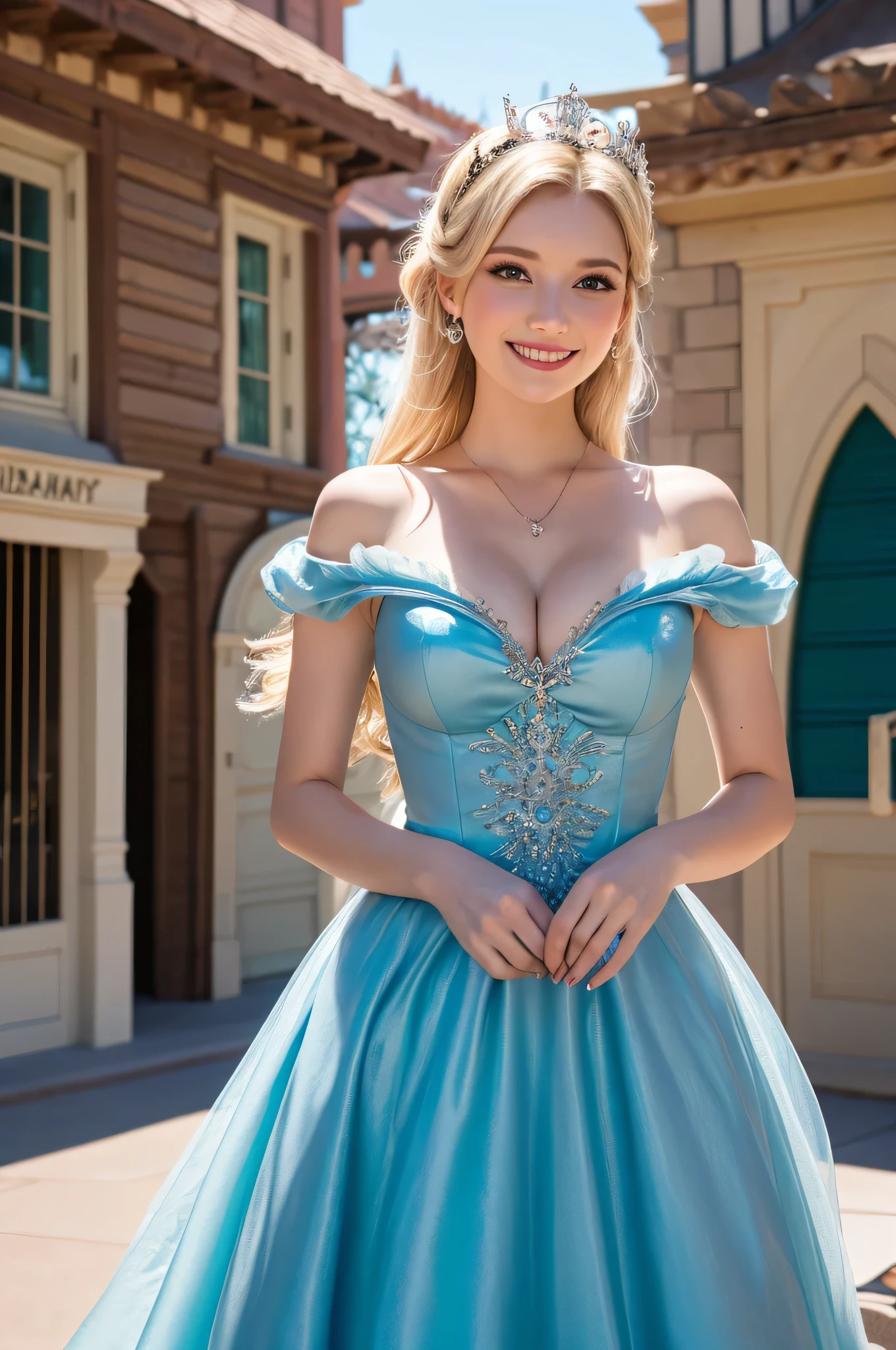 1 girl, excellence, best, blonde hair, blue eyes, wonderful face and eyes, (big round eyes:1.1), (Highly detailed beautiful face), highest quality, RAW photo, Photoreal, very detailed and beautiful, Smile, professional photos, cinematic lighting, Disneyland, cinderella princess dress costume, ruffle costume, off shoulder, beautiful breasts, cleavage, Disneyland ornament, Day, colorful, Cinderella Castle, dreamland, fairy tale world, (view from below)