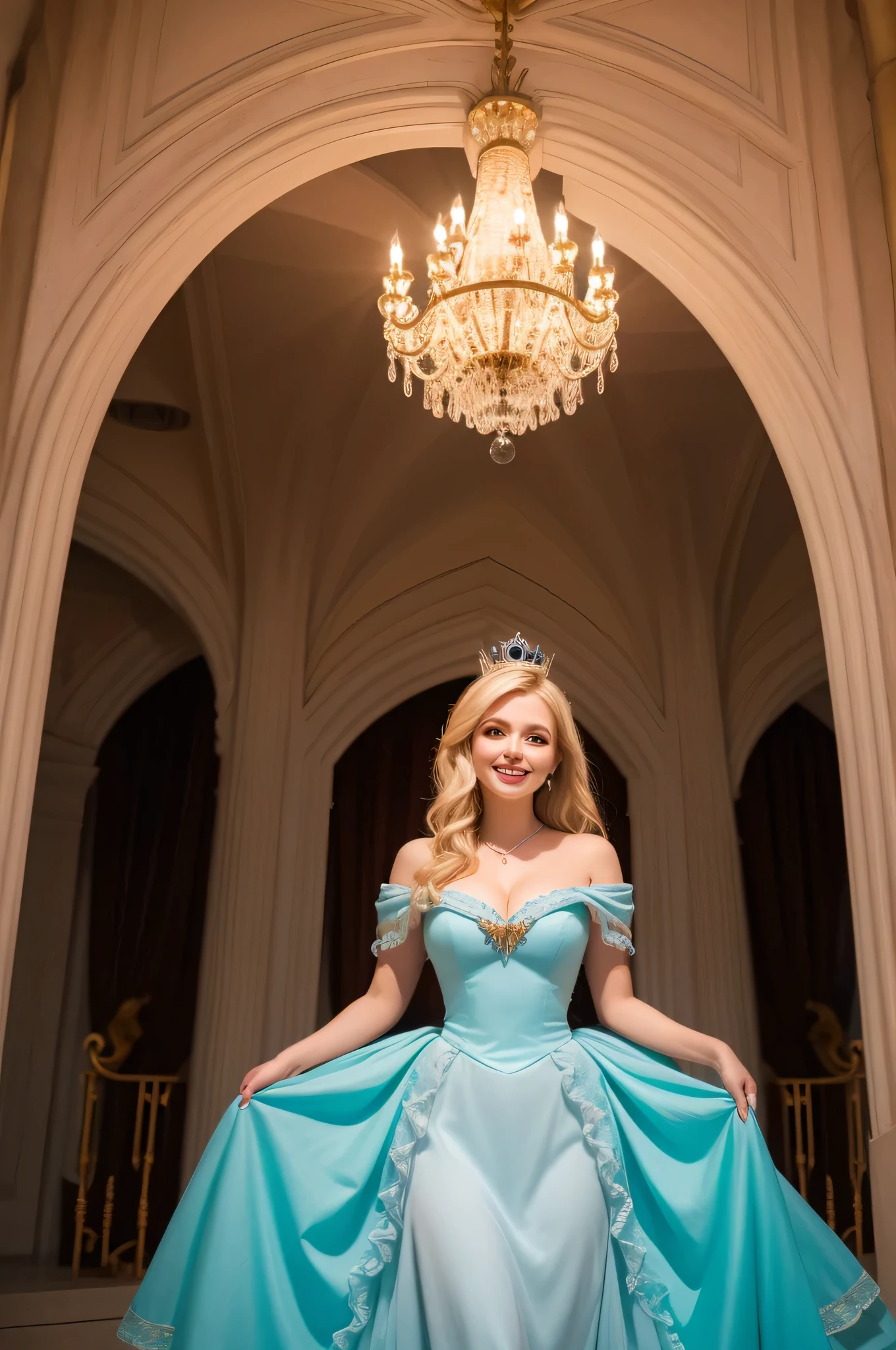 1 girl, excellence, best, blonde hair, blue eyes, wonderful face and eyes, (big round eyes:1.1), (Highly detailed beautiful face), highest quality, RAW photo, Photoreal, very detailed and beautiful, Smile, professional photos, cinematic lighting, Disneyland, cinderella princess dress costume, ruffle costume, off shoulder, beautiful breasts, cleavage, Disneyland ornament, Day, colorful, Cinderella Castle, dreamland, fairy tale world, (view from below)