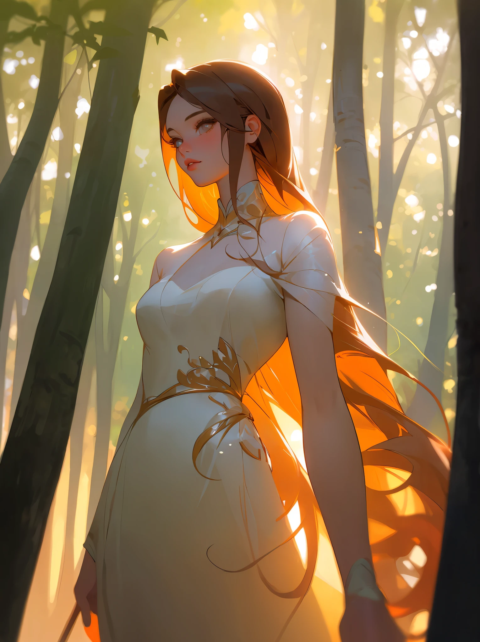 best quality,1girl,solo,standing,from below,look front,looking away,looking afar,chin,beautiful detailed eyes, beautiful detailed lips, long eyelashes, flowing hair, elegant dress, sunlight filtering through trees, vibrant colors, soft lighting, dreamy atmosphere, oil painting style