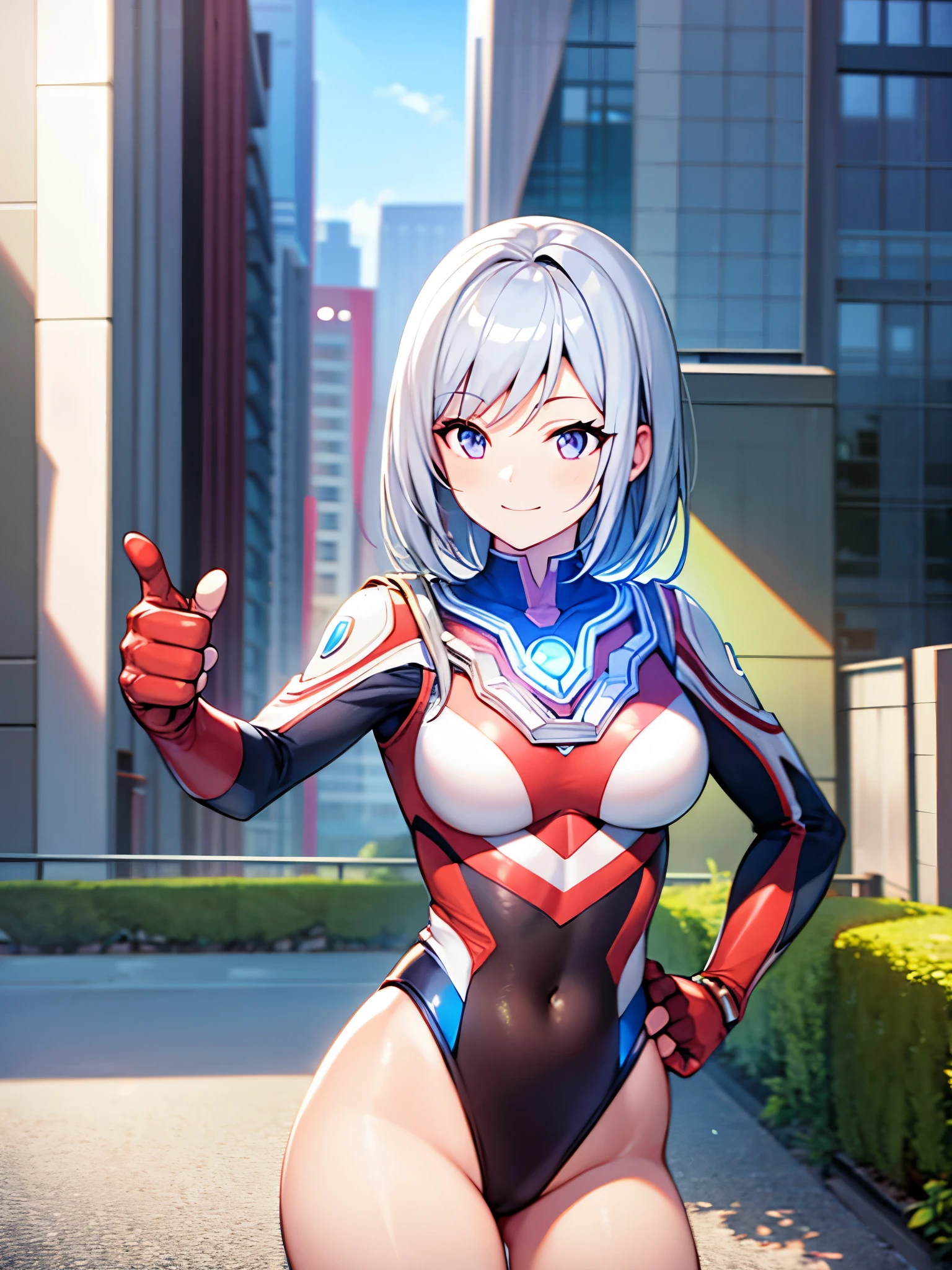 extremely detailed CG unreal engine 8k, best quality, (detailed fingers, detailed hands, detailed face), all intricate, 1girl, beautiful detailed girl, (ultragirl :1.0), ultraman bodysuit, leotard, bare legs, upper body, smile, thumbs up, stylish posing, hand on hip, standing, detailed buildings behind, outside