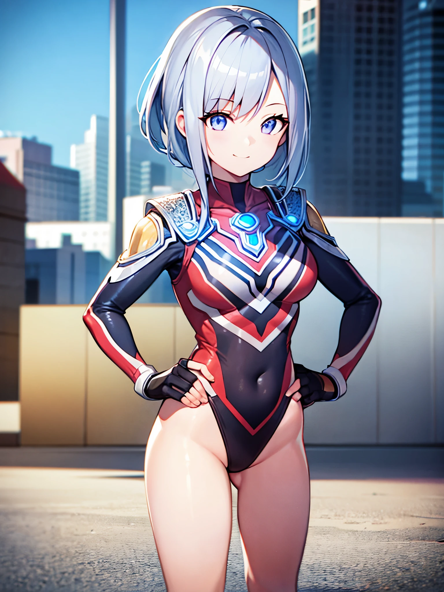 extremely detailed CG unreal engine 8k, best quality, (detailed fingers, detailed hands, detailed face), all intricate, 1girl, beautiful detailed girl, (ultragirl :1.0), ultraman bodysuit, leotard, bare legs, upper body, smile, thumbs up, stylish posing, hand on hip, standing, detailed buildings behind, outside