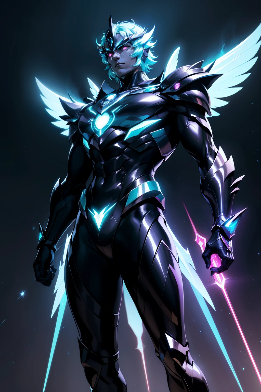 In the heart of the modern cosmos, the statuesque form of an Assembled Saint Seiya God Knight stands tall and proud, his figure frozen in a majestic pose. Draped in a luxurious, winged futuristic costume, the hybrid warrior is a mesmerizing fusion of tradition and technology. The sleek, neon-black fabric of his attire glimmers under the radiant Ultra-High-Definition lights, while his laser head goggles pierce the 8K darkness with an intense, piercing glow.

Surrounding him, Indonesian style motifs delicately dance among the neon black lightning that streaks across the stunning background, creating an ancient