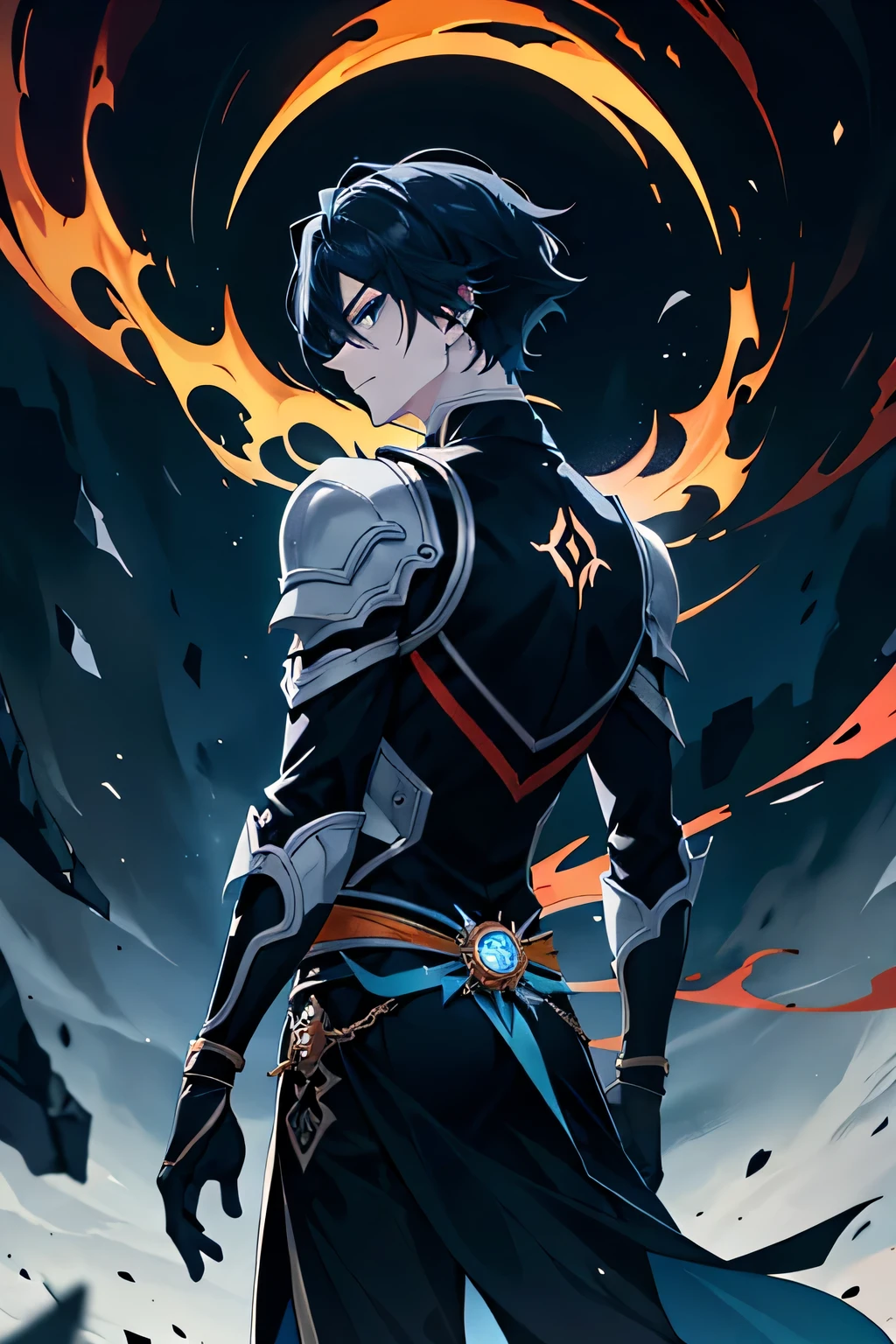 The image showcases an imposing anime or manga character hailing from Manho S solo Leveling, standing tall at 190cm. His black hair contrasts sharply with his piercing blue eyes, setting off an air of mystery and intrigue. The primary color palette of the image revolves around dark blue and black hues, accented by vibrant bursts of orange reminiscent of flames or sparks. The character's aura of power and enigma is amplified by the background's ominous shadows. With his back straight and his gaze fixed, one can't help but be captivated by this character's magnetic presence. The image is rendered in a crisp,