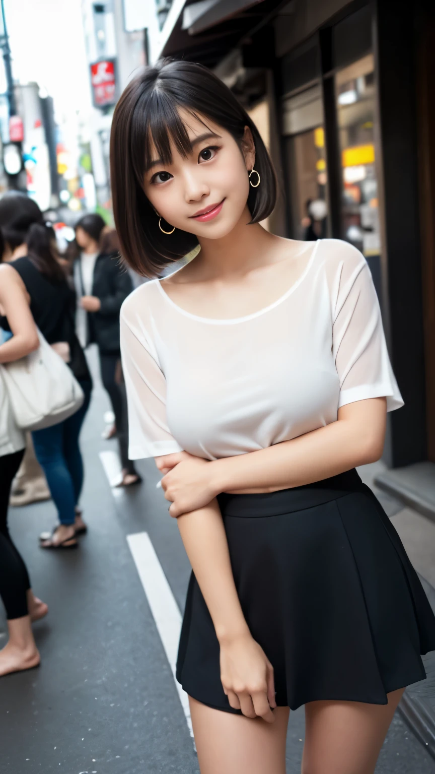 (Surrealism, RAW photo, Incredibly absurd, Nikon, 8k, super detail, masterpiece, intricate details),
(anatomically correct, perfect human body, beautiful and cute face, silky skin),
(, Japanese girl, idle face, Haruka Fukuhara, slim waist and busty body, Slender legs, large breast, baby face), face, black hair, short bob cut, bangs, Down-slating eyebrows, Moist eyes, Shining eyes, one little earring, light blush)),
(street snap, random pose, pinch the skirt),
(look down at the viewer, look at camera, close eyes and smile),
((micro mini skirt, barefoot, oversized tops, small bag)),
(Tokyo, Shibuya, Main street, very crowded road),
Natural lighting, full length, whole body, angle from below