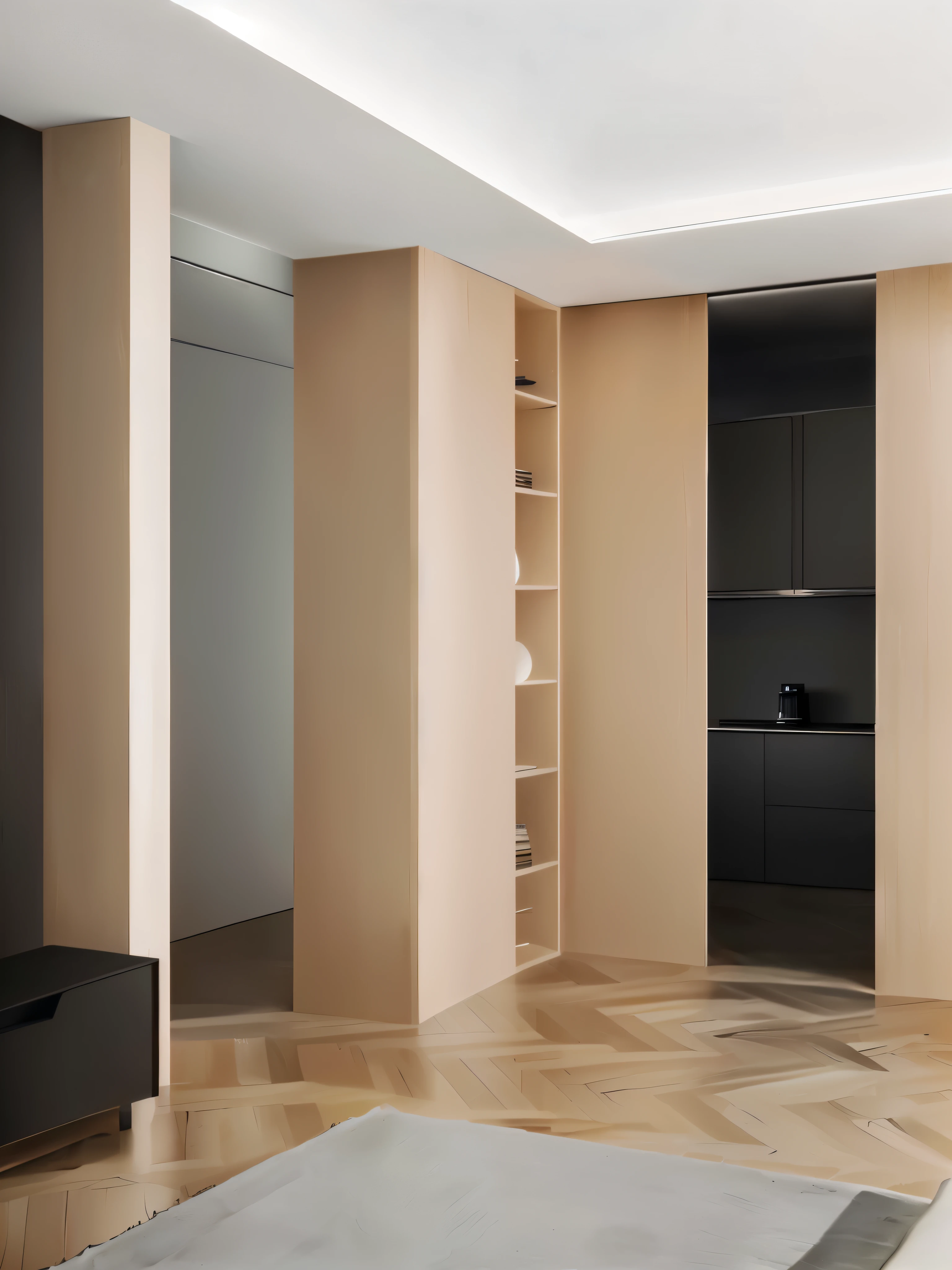 There is a room with a bed, a television, and a shelf, present in corona, Apartment with black walls, minimal kitchen, inspired author:David Chipperfield, Detailed architectural visualization renderings, cupboard, minimally modern, Modern minimalist f 2 0 clean, author:David Chipperfield, Empty room with black walls, cupboard, Highly photographic rendering, maximalist interior design