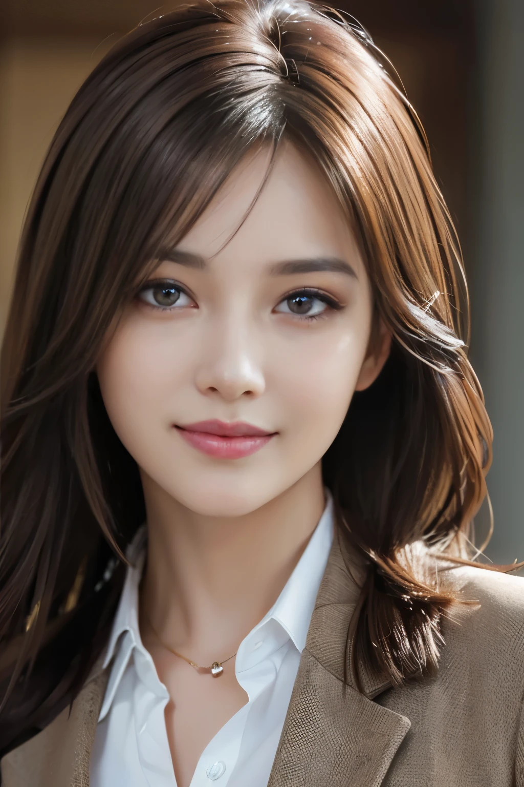 table top, highest quality, realistic, Super detailed, finely, High resolution, 8k wallpaper, 1 beautiful woman,, light brown messy hair, wearing a business suit, sharp focus, perfect dynamic composition, beautiful and detailed eyes, thin hair, Detailed realistic skin texture, smile, close-up portrait, model body shape