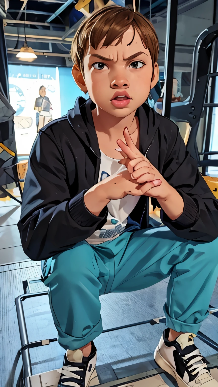 ((Comic style)), GTA 5 Style. TME0224 ((a angry kid, 4yo)), wearing a black coat and adidas sneakers, sideways, with arms crossed style , Bad Boy Style . highly detailed, detailed face, realistic, cinematic lighting, studio quality, professional, detailed face, intricate, vivid colors, comic skulls in black background. 