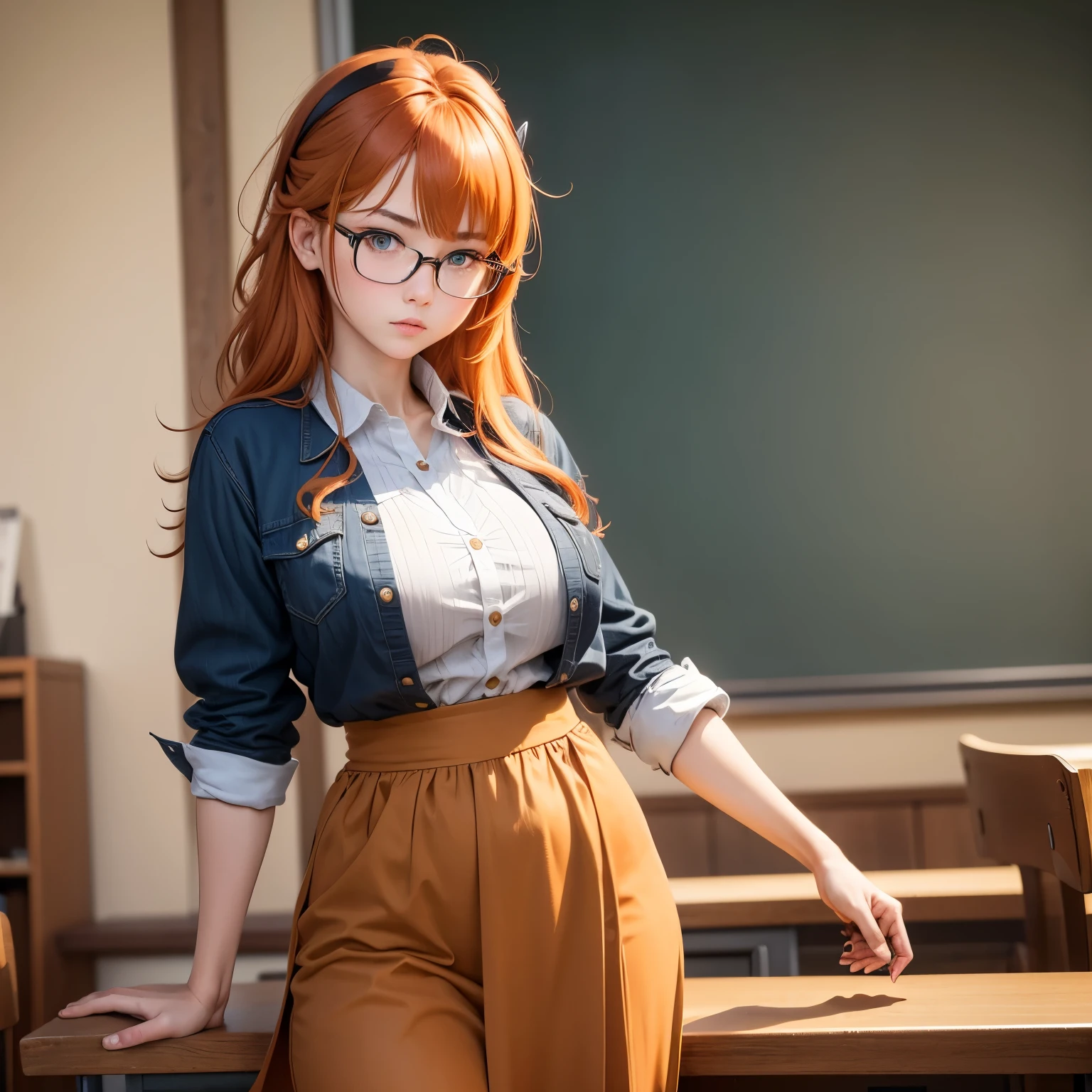 1girl, solo, full body, (masterpiece:1.21), (best quality:1.2), colorful, (illustration:1.2), (cinematic lighting:1.1), (spread legs:1.3), naked, genitalia exposed , ginger, long red hair, freakles in her face, pigtails, bangs, sweating , sensual smile, winking one eye, in a classroom in front of the blackboard , holding an chalk , glasses, dynamic pose