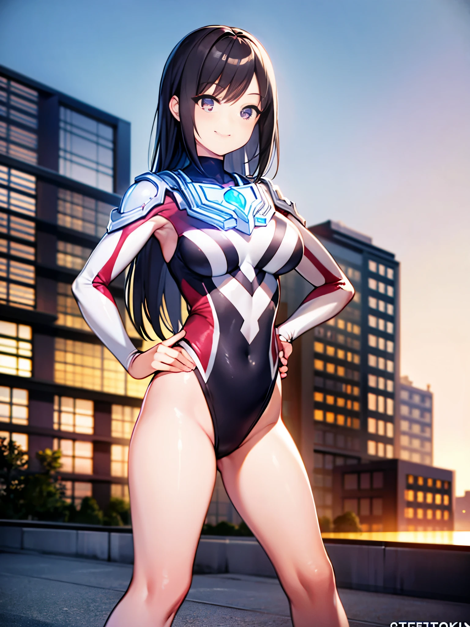 extremely detailed CG unreal engine 8k, best quality, (detailed fingers, detailed hands, detailed face), all intricate, 1girl, beautiful detailed girl, (ultragirl :1.0), ultraman bodysuit, leotard, bare legs, upper body, smile, thumbs up, stylish posing, hand on hip, standing, detailed buildings behind, outside 