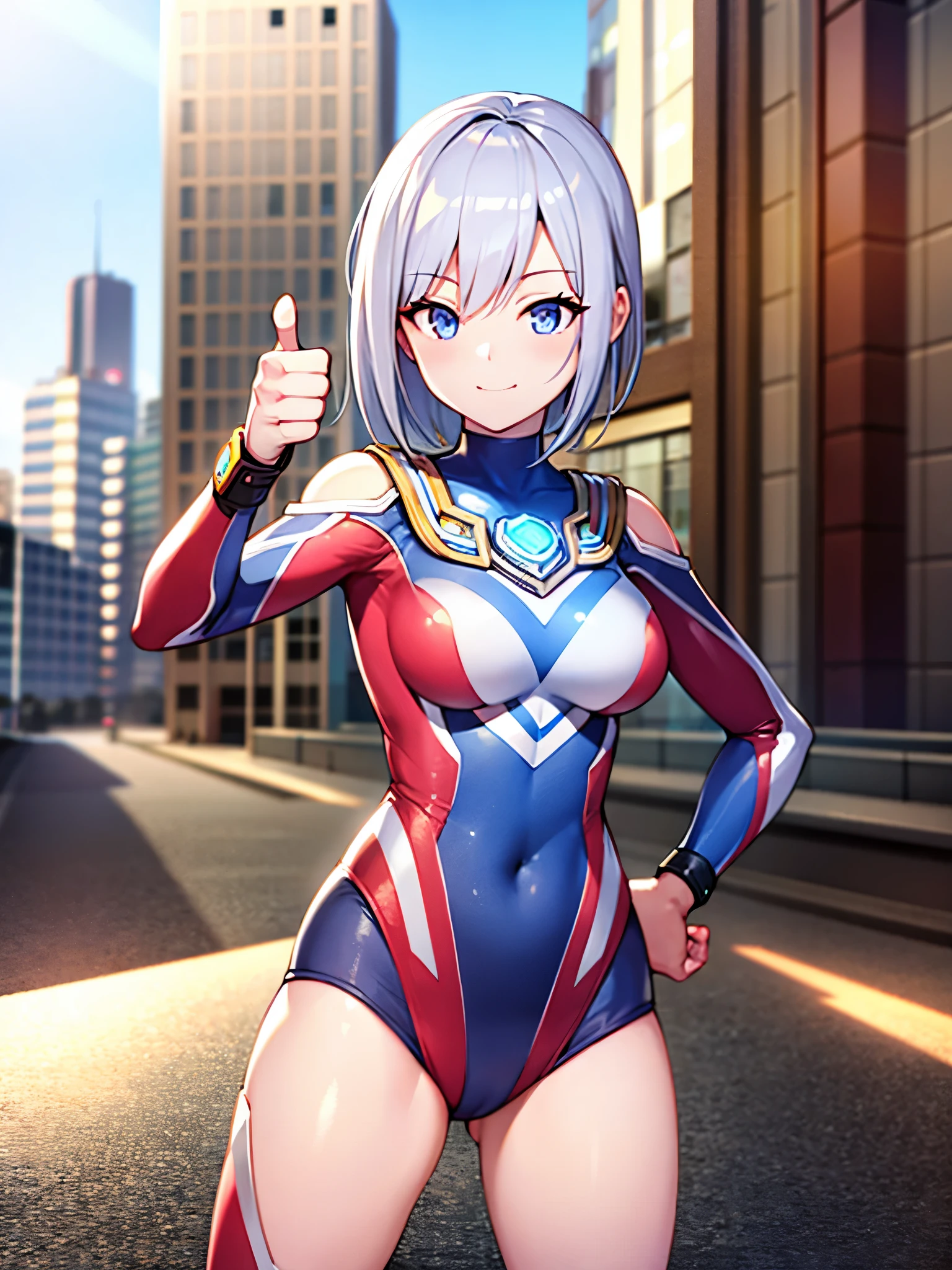 extremely detailed CG unreal engine 8k, best quality, (detailed fingers, detailed hands, detailed face), all intricate, 1girl, beautiful detailed girl, (ultragirl :1.0), ultraman bodysuit, leotard, bare legs, upper body, smile, thumbs up, stylish posing, hand on hip, standing, detailed buildings behind, outside 