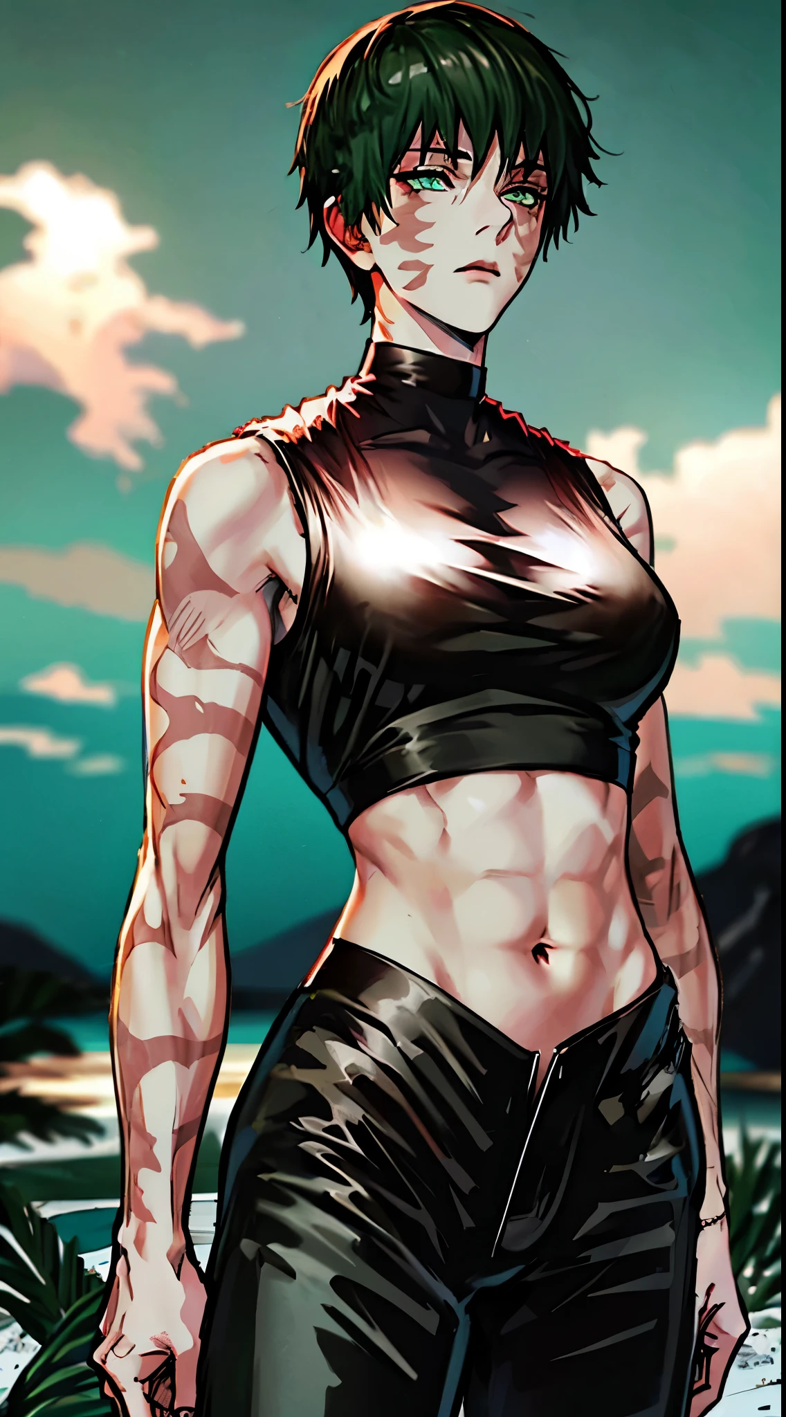 Maki Zenin LoRA, girl character, black clothes, black pants, sleeveless shirt(top crop), wide hips, green eyes, detailed eyes, beautiful eyes, skin markings, short hair, dark green hair, night setting, combat stance(body).