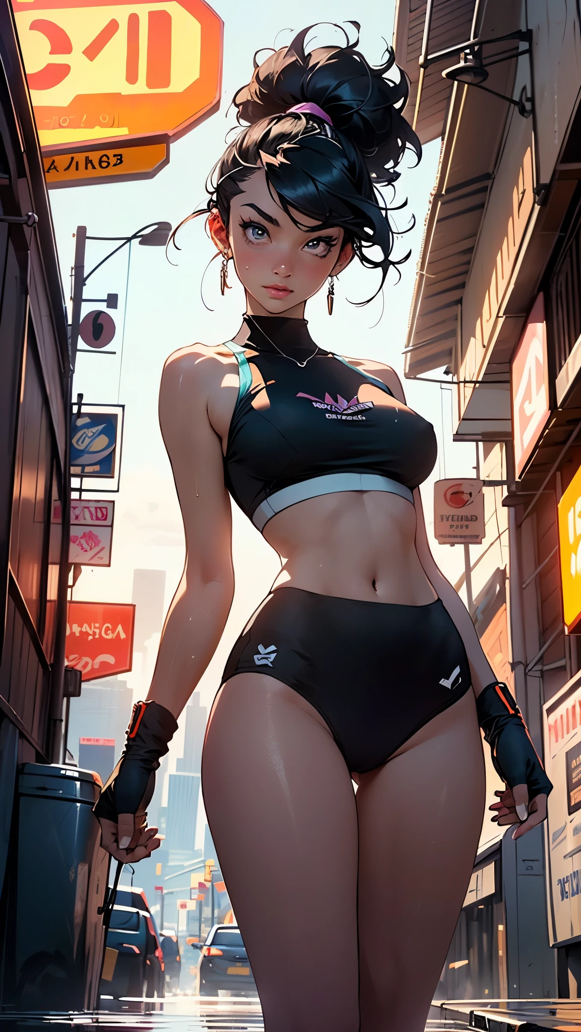 girl sporty,((attractive girl)),

(large breasts:1.4),saggy breasts,(((black hair:1.4,hi-top fade Haircut:1.5,hi-top fade:1.5,ponytail hairstyle with dreadlocks:1.5))),((heterochromia:1.5, (orange_eye and yellow_eye))),intricate eyes,beautiful detailed eyes,symmetrical eyes,((fat))(((lustrous skin:1.5,bright skin: 1.5,skin tanned,shiny skin,very shiny skin,shiny body,plastic glitter skin,exaggerated shiny skin,illuminated skin, wet legs))),(spider lower abdomen,narrow waist,wide hip,athletic body,inflated legs, thick thighs,detailed body,(detailed face)),

cute,slutty,seductive,erotic,(((nsfw))),

((tight sports bra, tight sports panties, (orange and black clothes))),(((underboob))),((wet clothes,intricate outfit,intricate clothes)),

(dynamic pose:1.0),coquette,look of security, determined,(centered,scale to fit dimensions,Rule of thirds),

cyberpunk city by the ocean at night, with bright neon signs and dark stormy clouds and puddles, scenery:1.25,nighttime, starry night, cosmos,Very dark night that makes the neon lights stand out, very bright neon lights,

artistic photography,(photography taken by sldr),highres, sharp focus,(ultra detailed, extremely detailed), (photorealistic artwork:1.37),(extremely detailed CG unity 8k wallpaper),((synthwave background theme)),(((vibrant colors))),intricate,(intricate background),(masterpiece),(best quality),perfect rendered face,perfect face details,realistic face,photo realistic,analog style,((intricate detail)),(((realism))),
