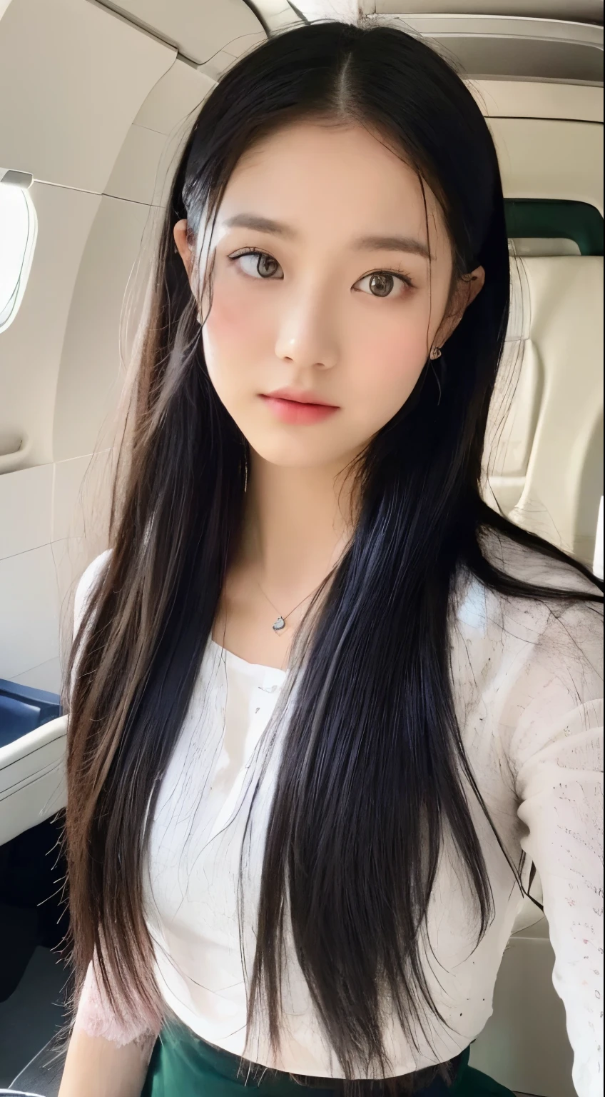 ((Top Quality, 8K, Masterpiece: 1.3)), Focus: 1.2, Perfect Body Beauty: 1.4, Buttocks: 1.2, ((Chest: 1.2)), On the Plane, Stewardess, White suit, Black skirt, Whiskey glasses in one hand, Highly detailed face, hands and skin texture, Delicate eyes, Double eyelids, Whitened skin, Long hair