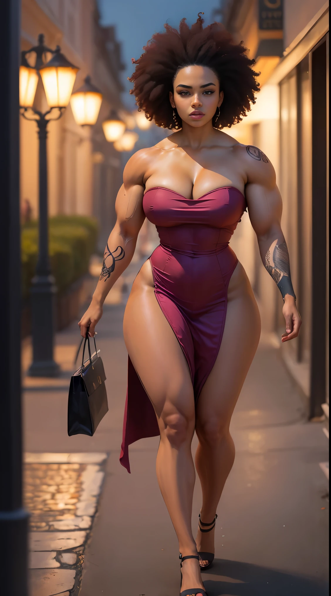 (best quality, highres, realistic), voluptuous woman, dark-skinned, detailed facial features, curly afro hair, sexy black strapless dress, muscular and athletic body, walking confidently on the nighttime avenue, lighting with red and purple hues, NSFW, body adorned with tattoos