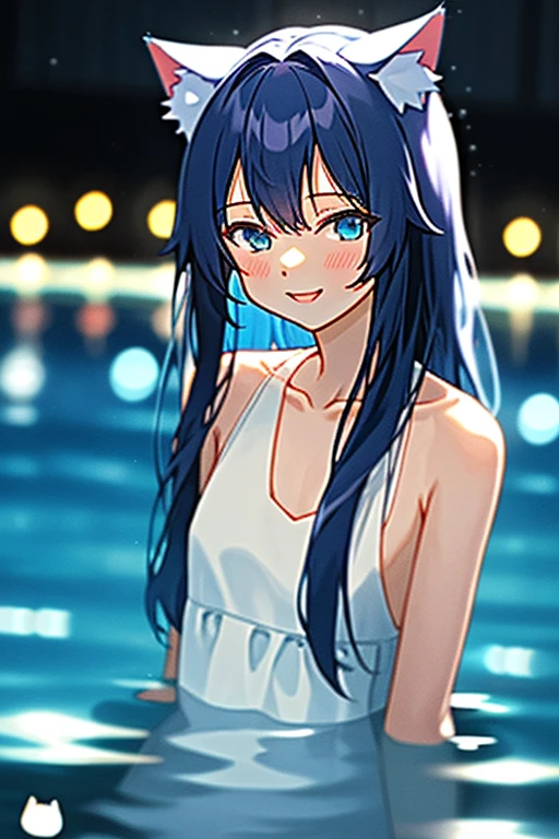 1girl/ Smile/ collarbone/ cat ear/ Black long hair/ Night pool, indoor/ take a dip in the water/ White sleeveless dress/ Bokeh/ Blurred Backgrounds/ depth of field/ Aerial perspective/ Blue eye’s/ (upper body:1.2)/ looking at viewer/