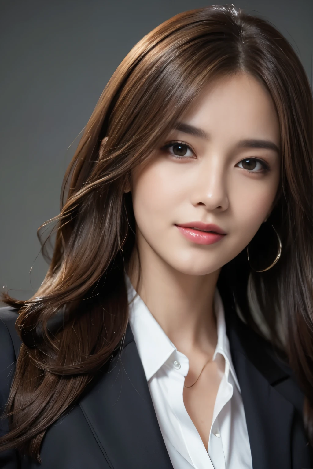 table top, highest quality, realistic, Super detailed, finely, High resolution, 8k wallpaper, 1 beautiful woman,, light brown messy hair, wearing a business suit, sharp focus, perfect dynamic composition, beautiful and detailed eyes, thin hair, Detailed realistic skin texture, smile, close-up portrait, model body shape