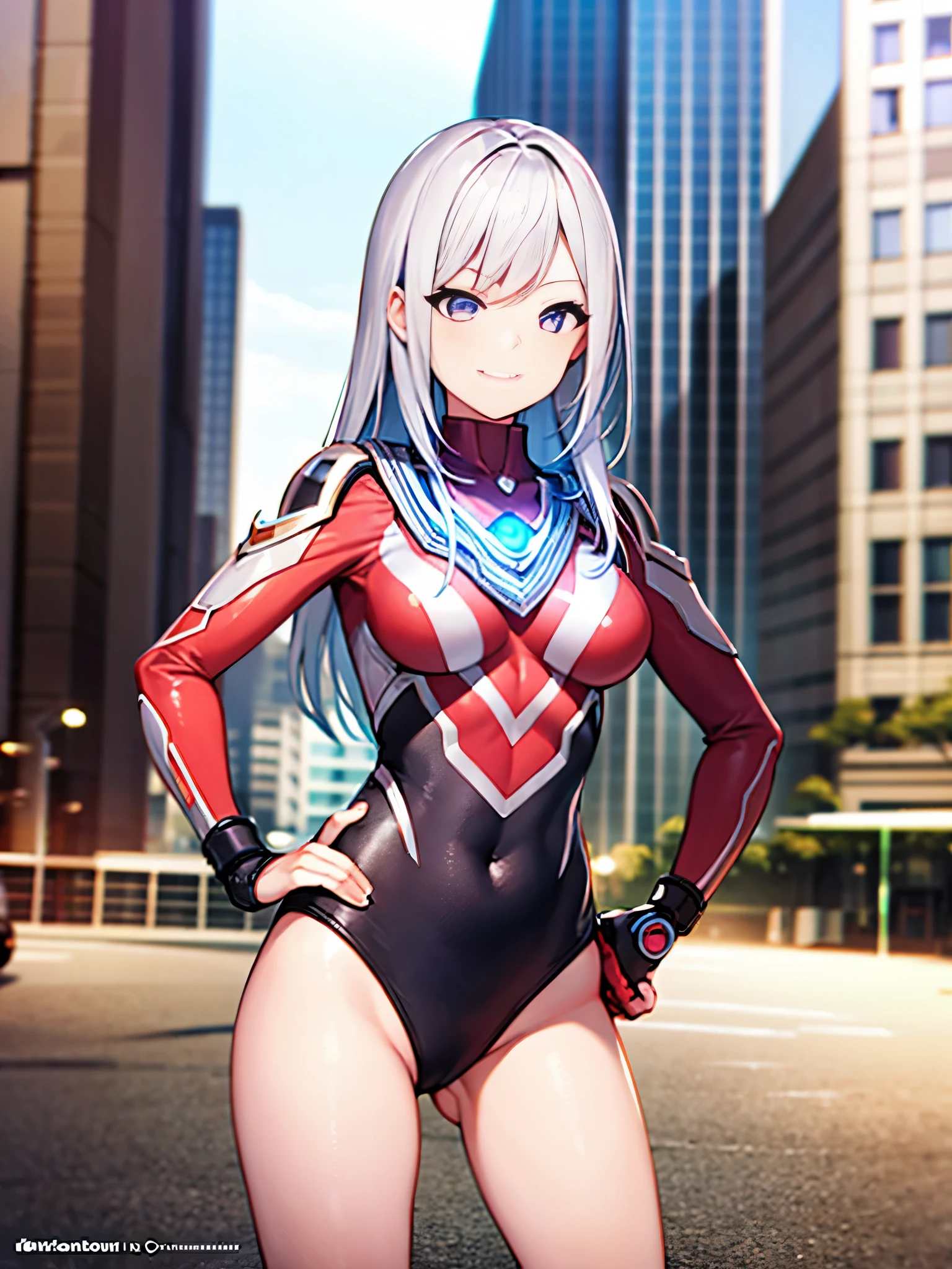 extremely detailed CG unreal engine 8k, best quality, (detailed fingers, detailed hands, detailed face), all intricate, 1girl, beautiful detailed girl, (ultragirl :1.0), ultraman bodysuit, leotard, bare legs, upper body, smile, thumbs up, stylish posing, hand on hip, standing, detailed buildings behind, outside