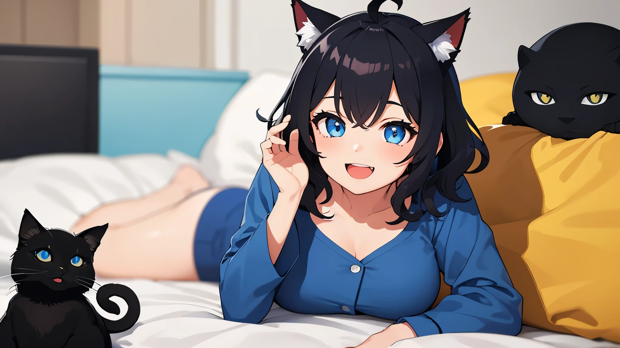 looking at the viewer, 1 girl, open your mouth, smile, Virtual YouTuber、with a girl、((highest quality, expensive_solve, clear_image)),(black hair), (black cat ears), (Ahoge), (ridiculously short hair), (wavy hair), (blue eyes),、laughter、very big breasts,lying down、background night、wore pajamas