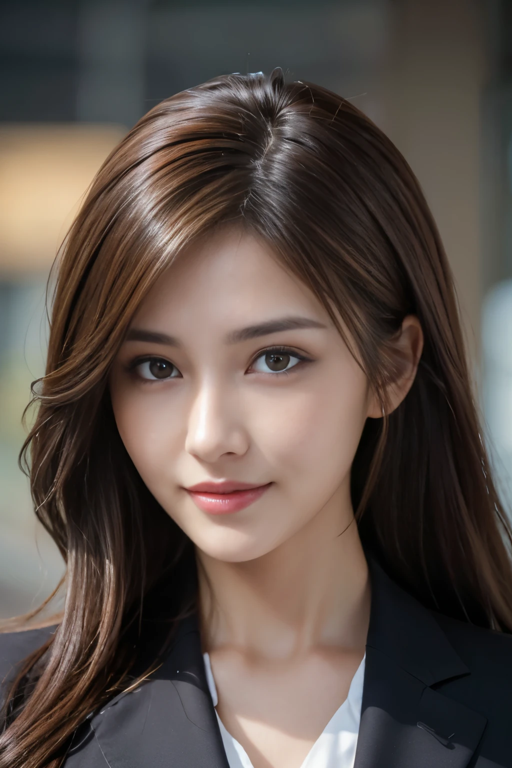 table top, highest quality, realistic, Super detailed, finely, High resolution, 8k wallpaper, 1 beautiful woman,, light brown messy hair, wearing a business suit, sharp focus, perfect dynamic composition, beautiful and detailed eyes, thin hair, Detailed realistic skin texture, smile, close-up portrait, model body shape
