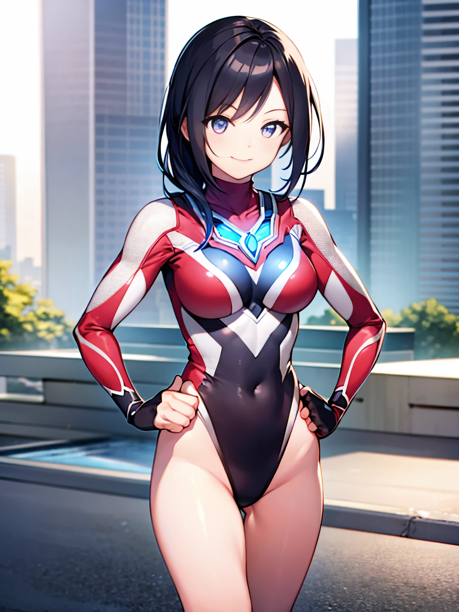 extremely detailed CG unreal engine 8k, best quality, (detailed fingers, detailed hands, detailed face), all intricate, 1girl, beautiful detailed girl, (ultragirl :1.0), ultraman bodysuit, leotard, bare legs, upper body, smile, thumbs up, stylish posing, hand on hip, standing, detailed buildings behind, outside