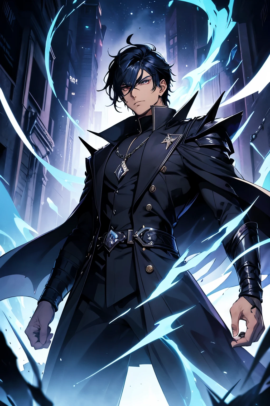 The image showcases an anime or manga character named Aman, standing boldly with a height of 190cm. His inky black hair frames his sharp, piercing blue eyes, adding to his captivating allure. His attire boasts a striking combination of darkness and vibrancy, with a predominantly blue and black color palette, accentuated by fiery orange hues, evoking an aura of power and intensity. The background is shrouded in mystery, the dark shadows playing against his chiseled features and amplifying his enigmatic aura. Aman's imposing presence exudes a sense of strength and determination, hinting at the profound power hidden within him.