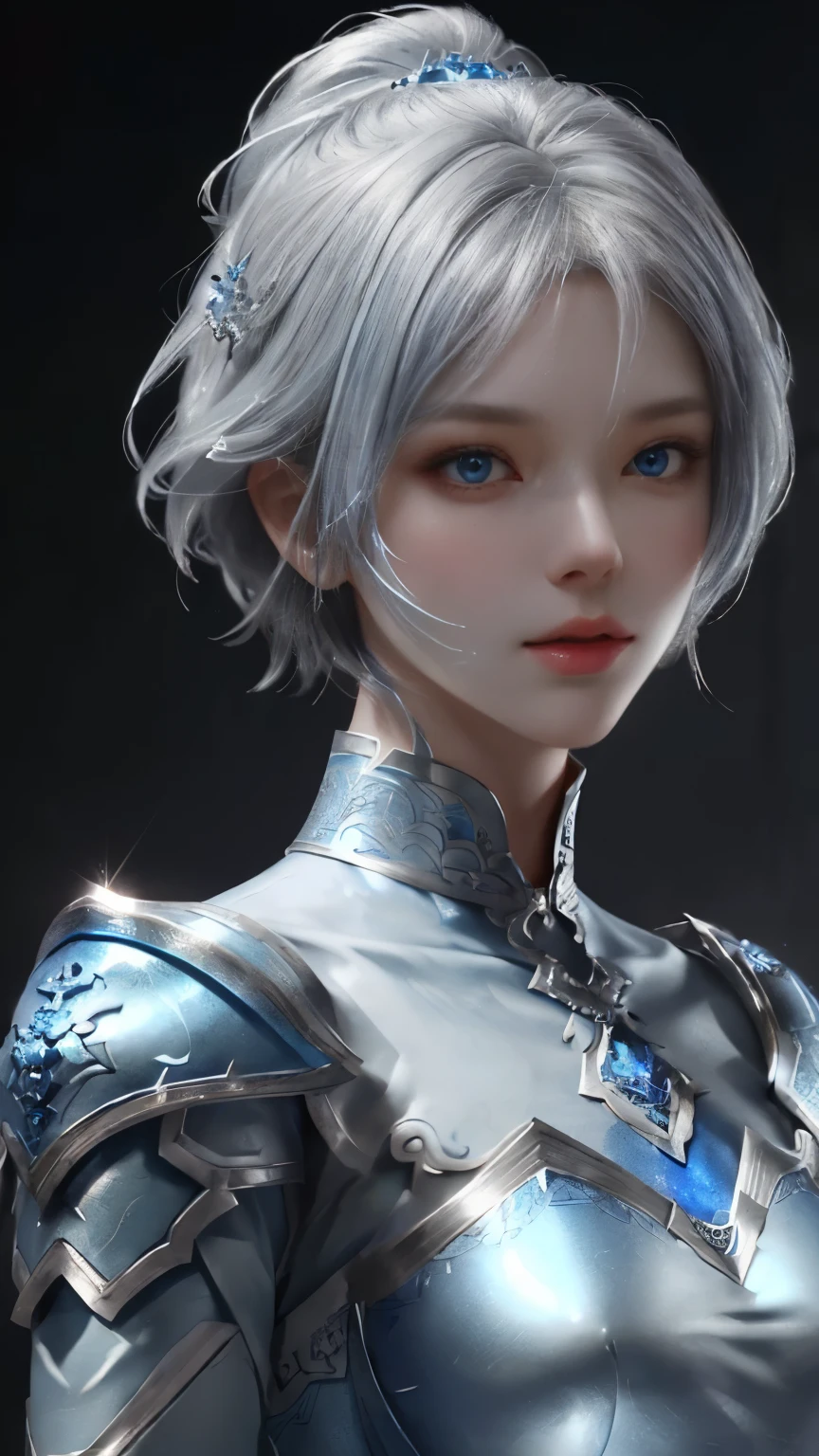 a close up of a woman in a silver and blue dress, chengwei pan on artstation, by Yang J, detailed fantasy art, stunning character art, fanart best artstation, epic exquisite character art, beautiful armor, extremely detailed artgerm, detailed digital anime art, artgerm on artstation pixiv, armor girl, cool beauty,tall girl,short cut hair, silver hair,Precisely expresses details such as face and skin texture,beautiful eye, blue eye,double eyelid,delicate skin,slender body shape,alone,medium breast,