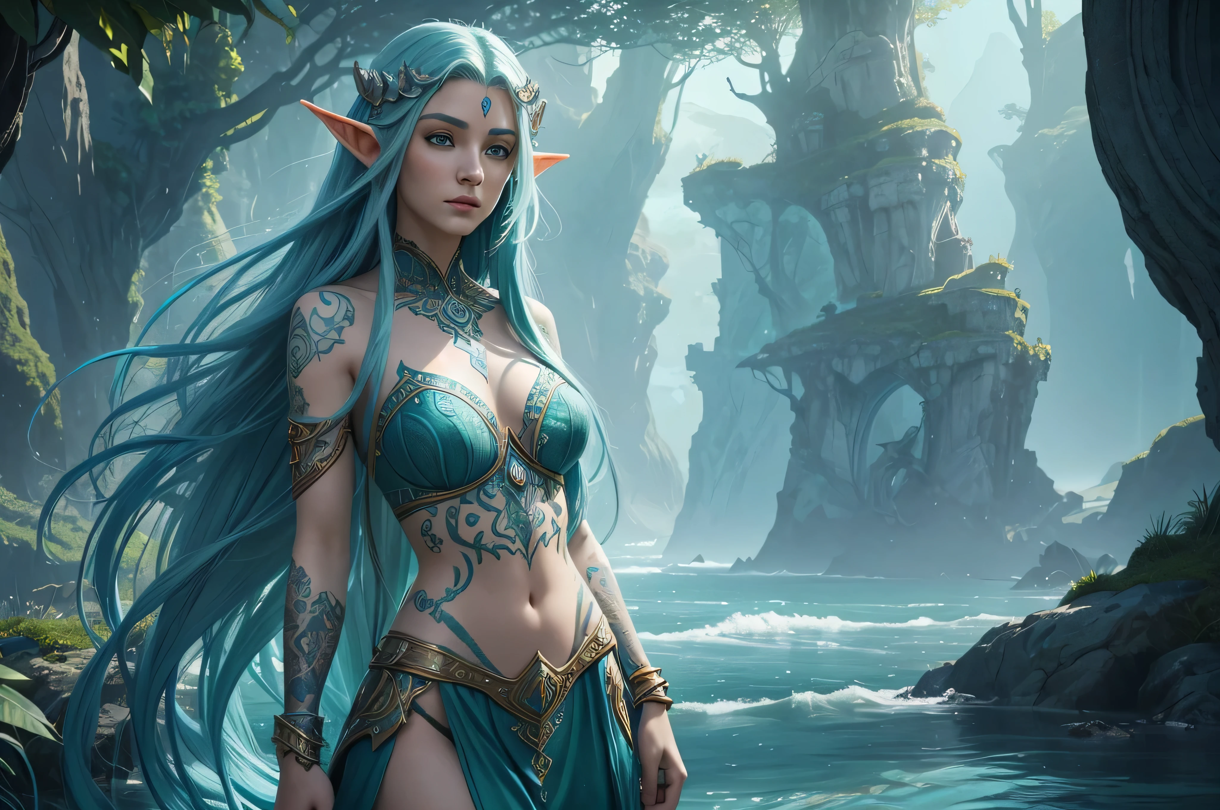 Uma graciosa meia-elfa com longos cabelos azuis, her eyes are green, and her fair skin is adorned with tattoos depicting sea creatures and oceanic patterns. Ela usa luz, Flowing clothes, muitas vezes em tons de azul e verde. (arte digital, arte de fantasia, arte de RPG)