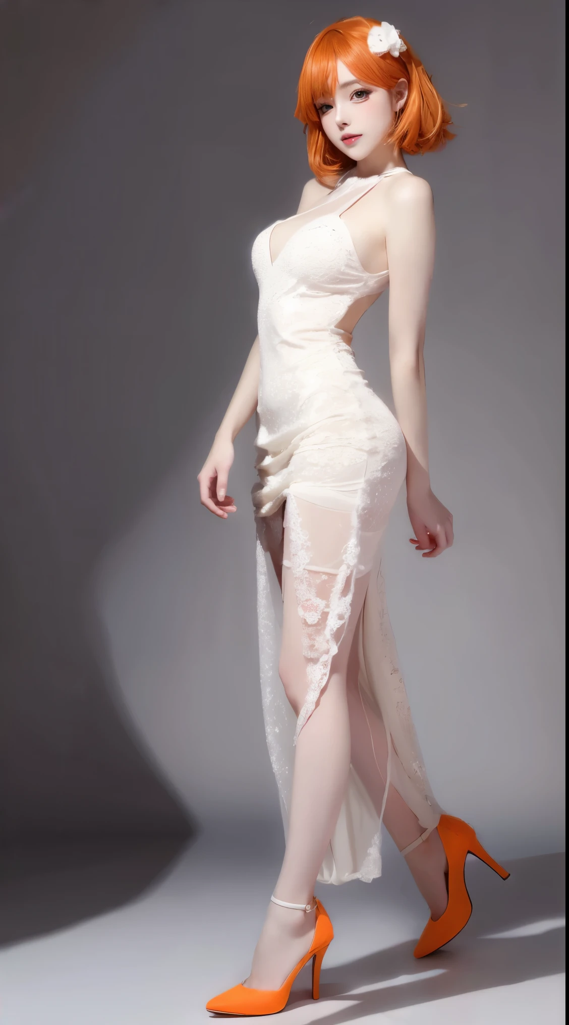 Sophia Lillis, long hair, slender body, thick thighs, tight translucent elegant dress, standing,