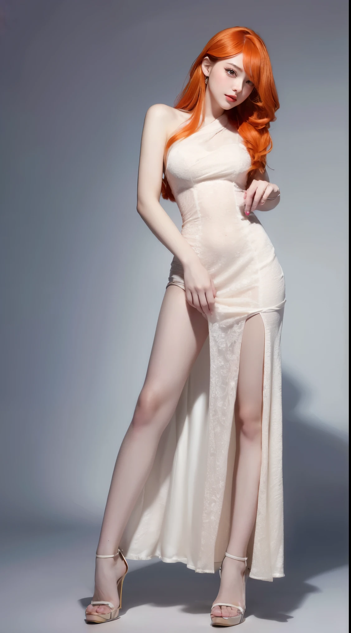 8k, surreal, masterpiece, best quality, super detailed, high resolution, random background, 1 girl, (:1.5), Yao Liu, white dress，orange hair，translucent，whole body，High heel透明婚纱，High heel，whole body，Orange