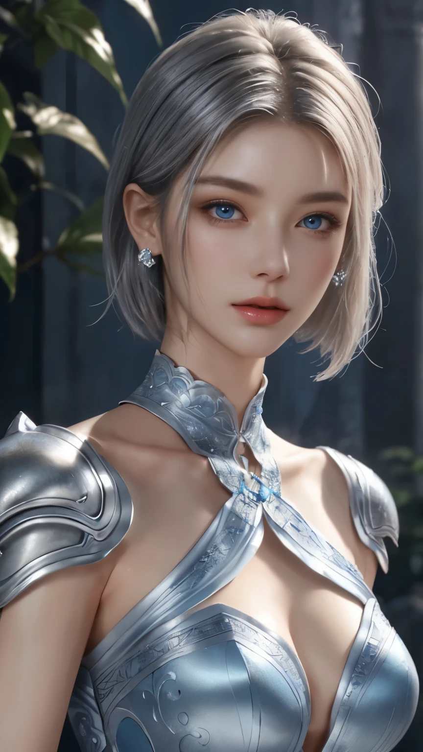 a close up of a woman in a silver and blue dress, chengwei pan on artstation, by Yang J, detailed fantasy art, stunning character art, fanart best artstation, epic exquisite character art, beautiful armor, extremely detailed artgerm, detailed digital anime art, artgerm on artstation pixiv, armor girl, cool beauty,tall girl,short cut hair, silver hair,Precisely expresses details such as face and skin texture,beautiful eye, blue eye,double eyelid,delicate skin,slender body shape,alone,medium breast,