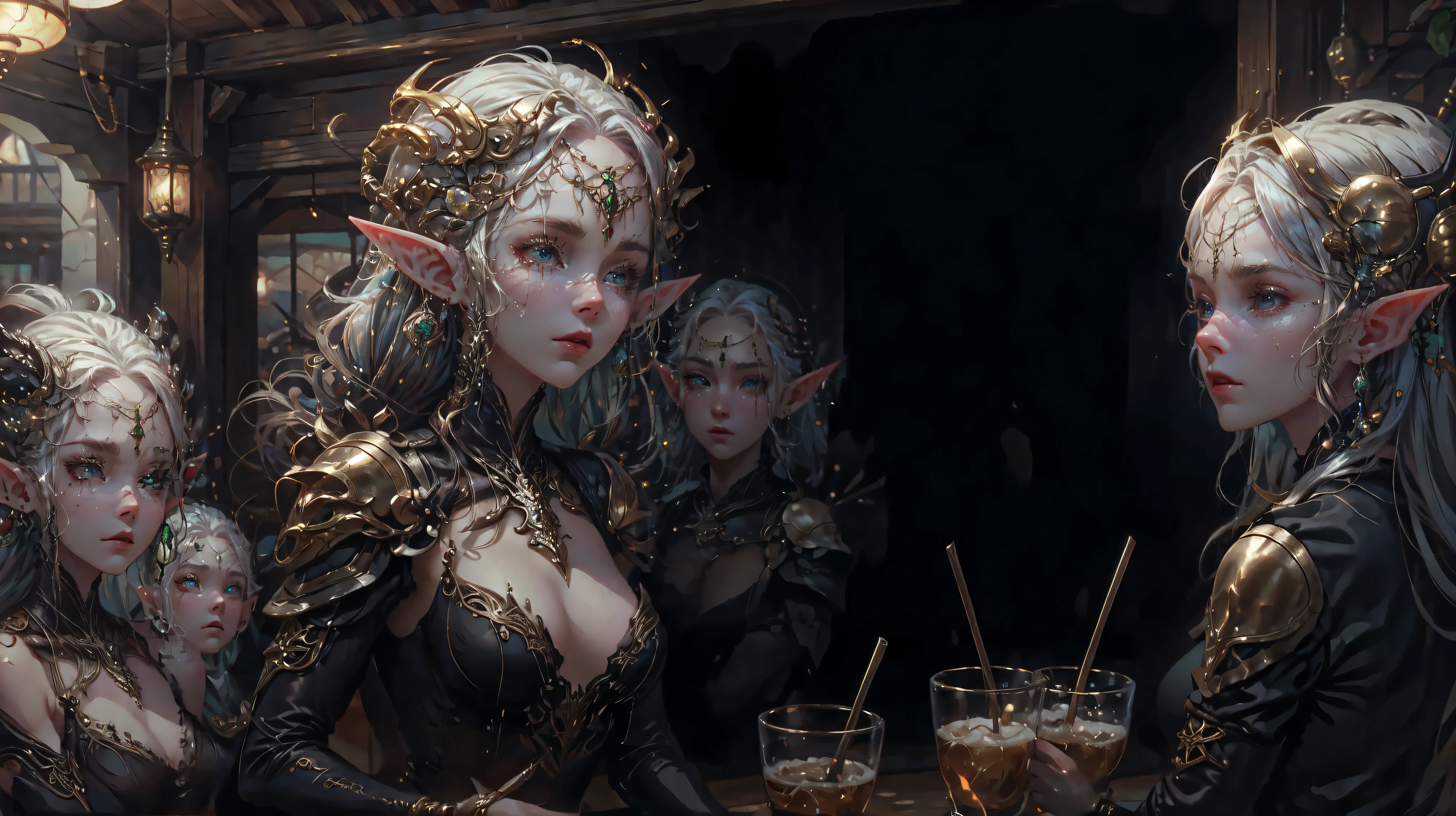 elf girl, inside a tavern , people in background