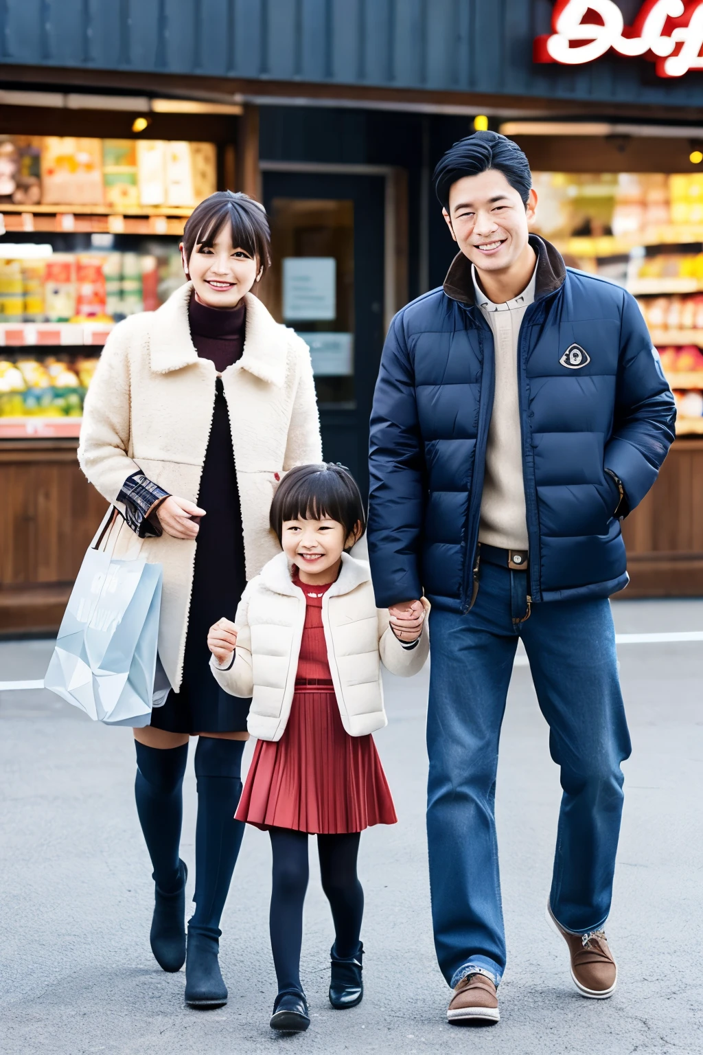 Japanese，30 generations，draw three people，Parent and ，Family of three shopping at the supermarket，Men wear down jackets and jeans，Women wear quilted outerwear and white skirts，Cheerful ，