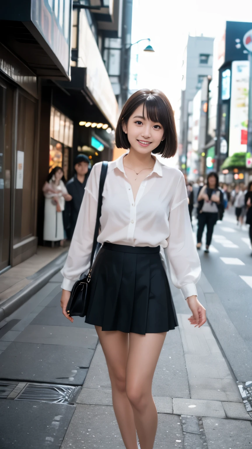 (Surrealism, RAW photo, Incredibly absurd, Nikon, 8k, super detail, masterpiece, intricate details), 
(anatomically correct, perfect human body, beautiful and cute face, silky skin), 
(************, Japanese girl, idle face, Haruka Fukuhara, slim waist and busty body, Slender legs, large breast, baby face), 
((round face, black hair, short bob cut, bangs, Down-slating eyebrows, Moist eyes, Shining eyes, one little earring, light blush)), 
(street snap, random pose, pinch the skirt), 
(look down at the viewer, look at camera, close eyes and smile), 
((red micro mini skirt, barefoot, teen outfit, small bag)), 
(Tokyo, Shibuya, Main street, very crowded road), 
Natural lighting, full length, whole body, angle from below