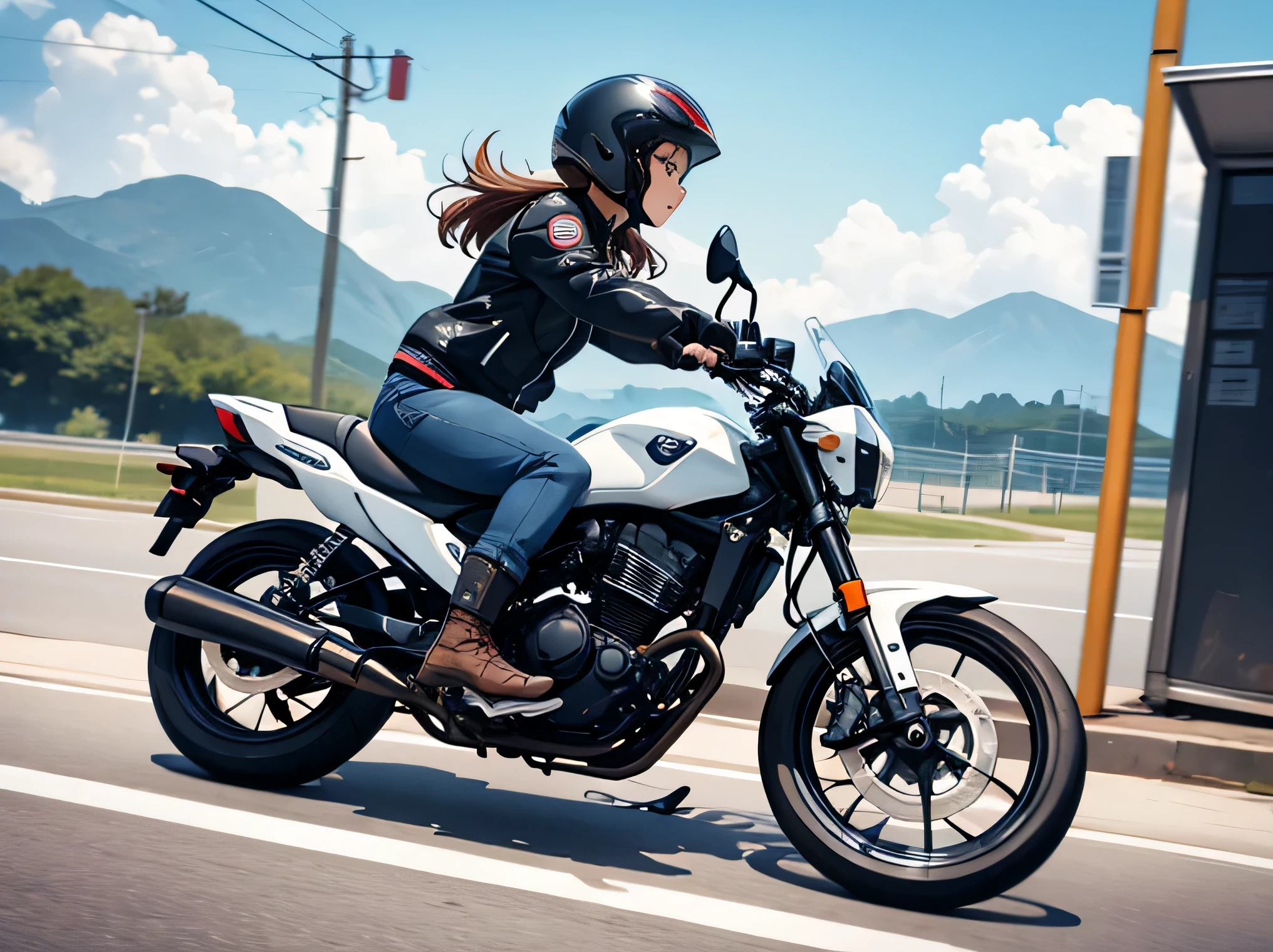 girl riding a bike、wear a half helmet、wearing a jacket、roadside station,Drive your bike fast around town