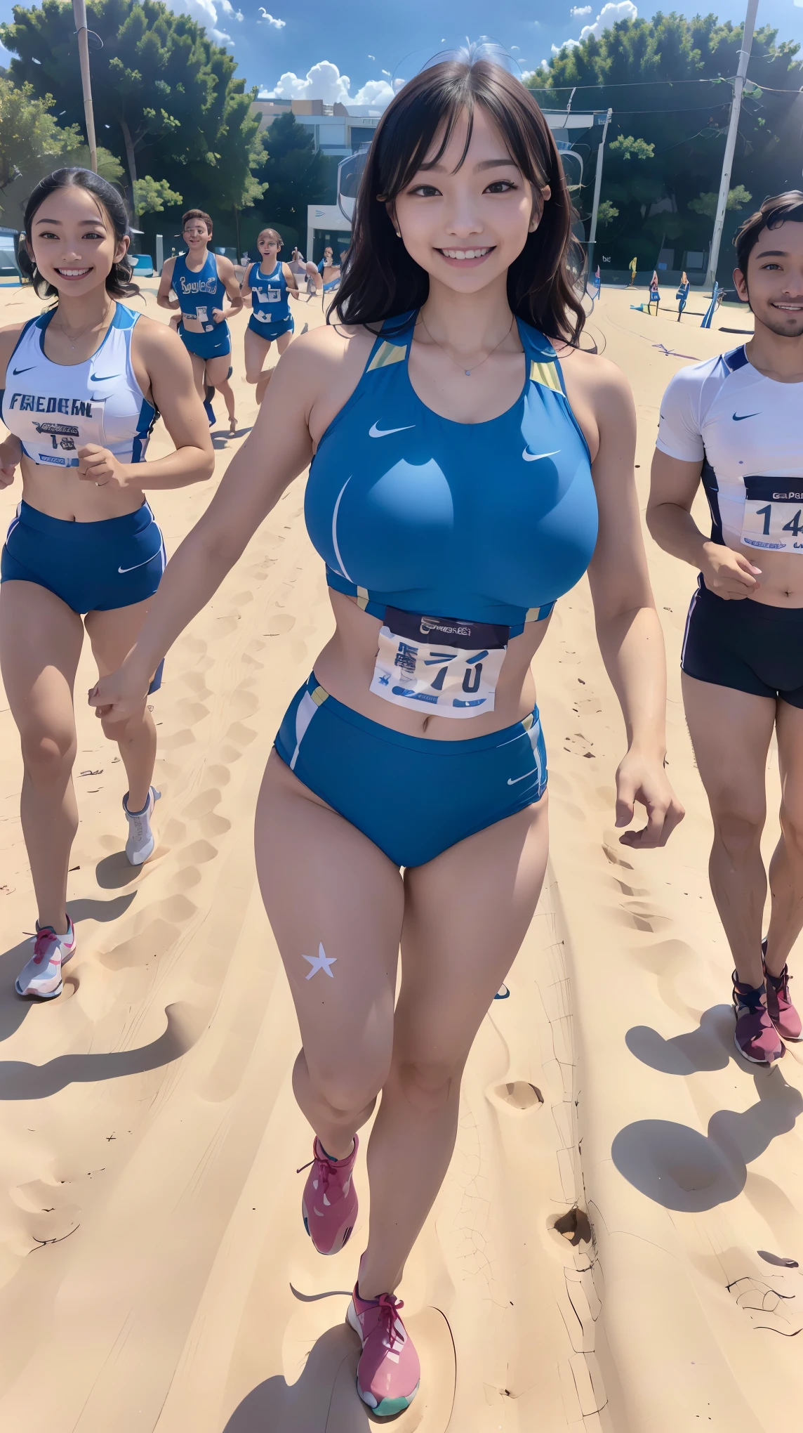 (8K、ultra high resolution、highest quality、masterpiece、realistic、ultra high resolution)、(big breasts、track and field athlete、(Must wear high leg track uniform)、jump into the sand:1.2)、Always in the track lane of the athletics stadium、running shoes、cute smile、black long hair