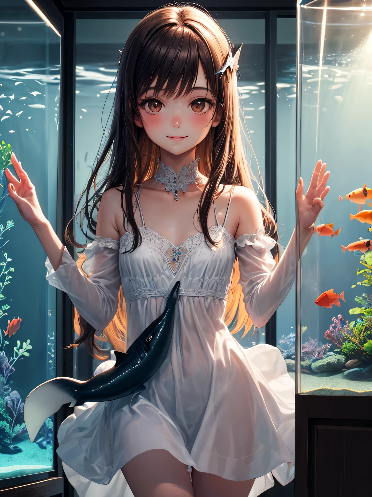 (best quality), (ultra-detailed), (llustration), (detailed light), (an extremely delicate and beautiful), 1ung girl, long hair, brown eyes, (smile slightly, Innocent and cute expression), model, Enchanting, Sublime, Ethereal, fantastic, extremely detailed CG unified 8k wallpaper, High-definition raw color photos, professional photography, (Bokeh), indoors, (aquarium), whale shark, shark, small fish, napoleon fish, Backlighting, depth of fields,