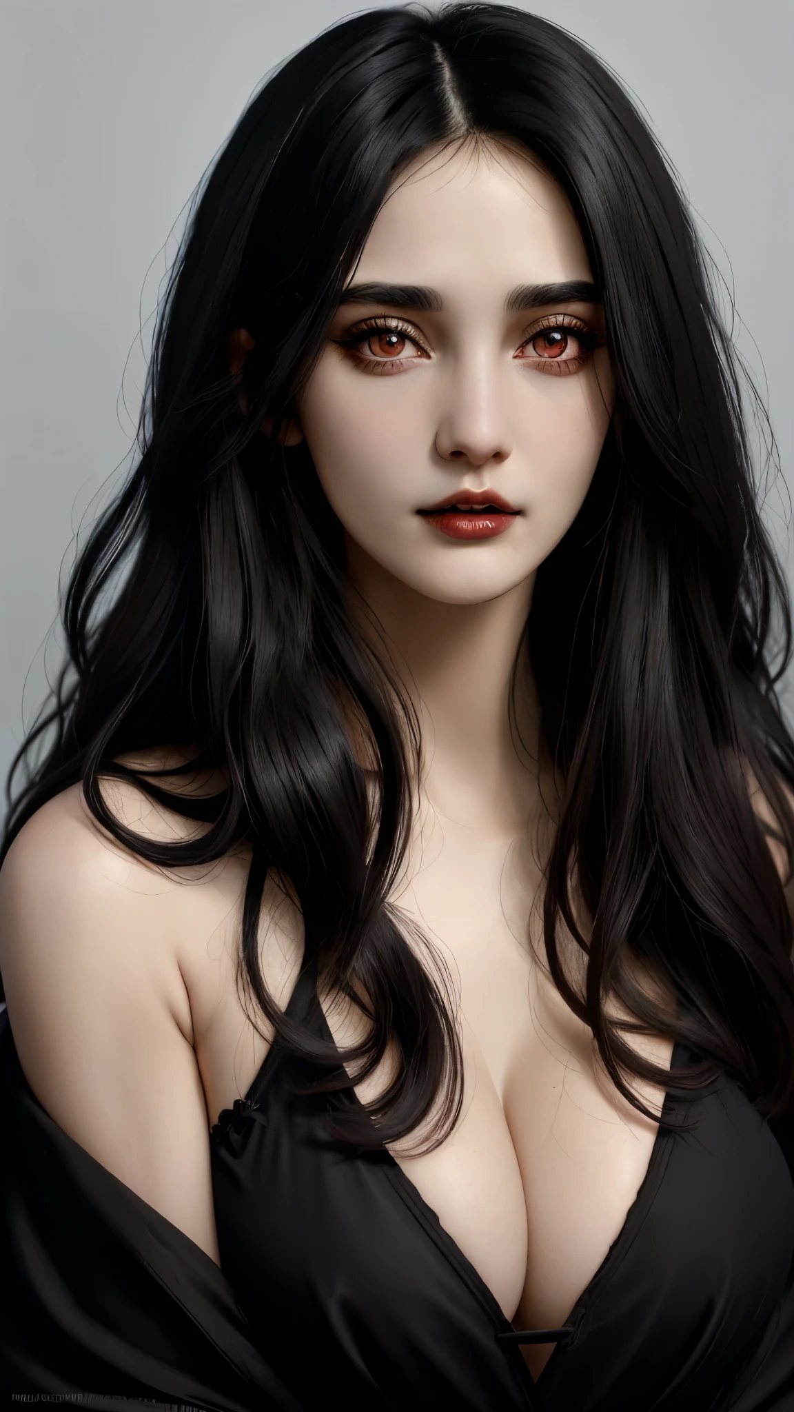 (best quality, hyperdetailed photography:1.2), beautiful lady, ,red eyes , black hair,dark makeup, soft light, ((snoopy breast)),head and breast portrait, cover, (detailed beautiful face, detail skin texture, ultra-detailed body:1.1) sexy vampire girl,, ((massive perfect breast)), closeup portrait, sexy woman,