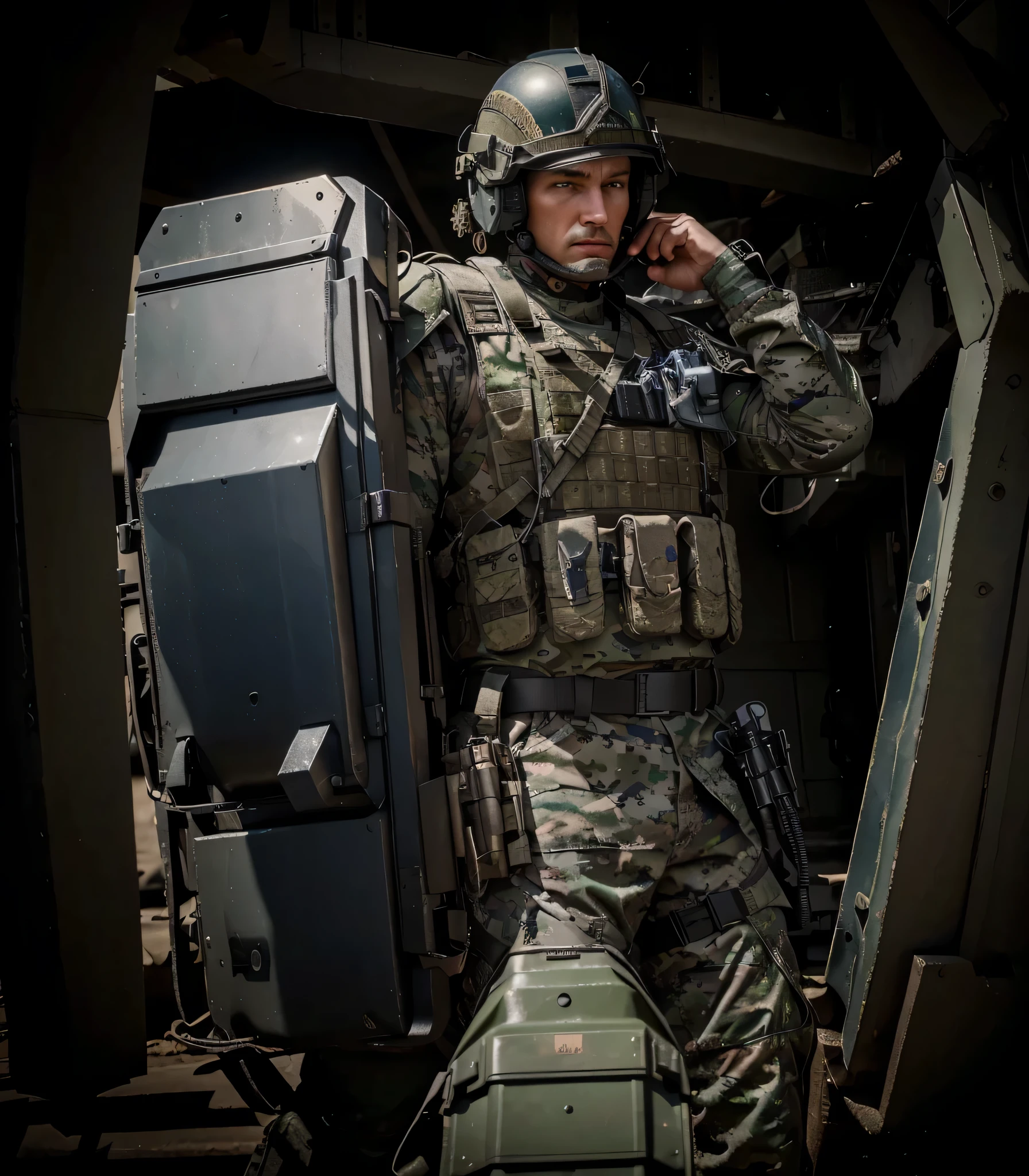 soldado masculino, cara alemana muy masculina, uniforme militar azul, chaleco antibalas de metal con hombreras de metal, straps with ammunition, tactical military helmet, carries an automatic pistol, holds a modern tactical military shield made of dark blue metal, It is in an ultra advanced military base, advanced military vehicles, Hyper Realista, 4k, Imagen ultra detallada, Realista, Muy detallado, perfect composition, beautiful intricately detailed incredibly detailed, Artistic photography in 8K, hiper detallado, Obra maestra