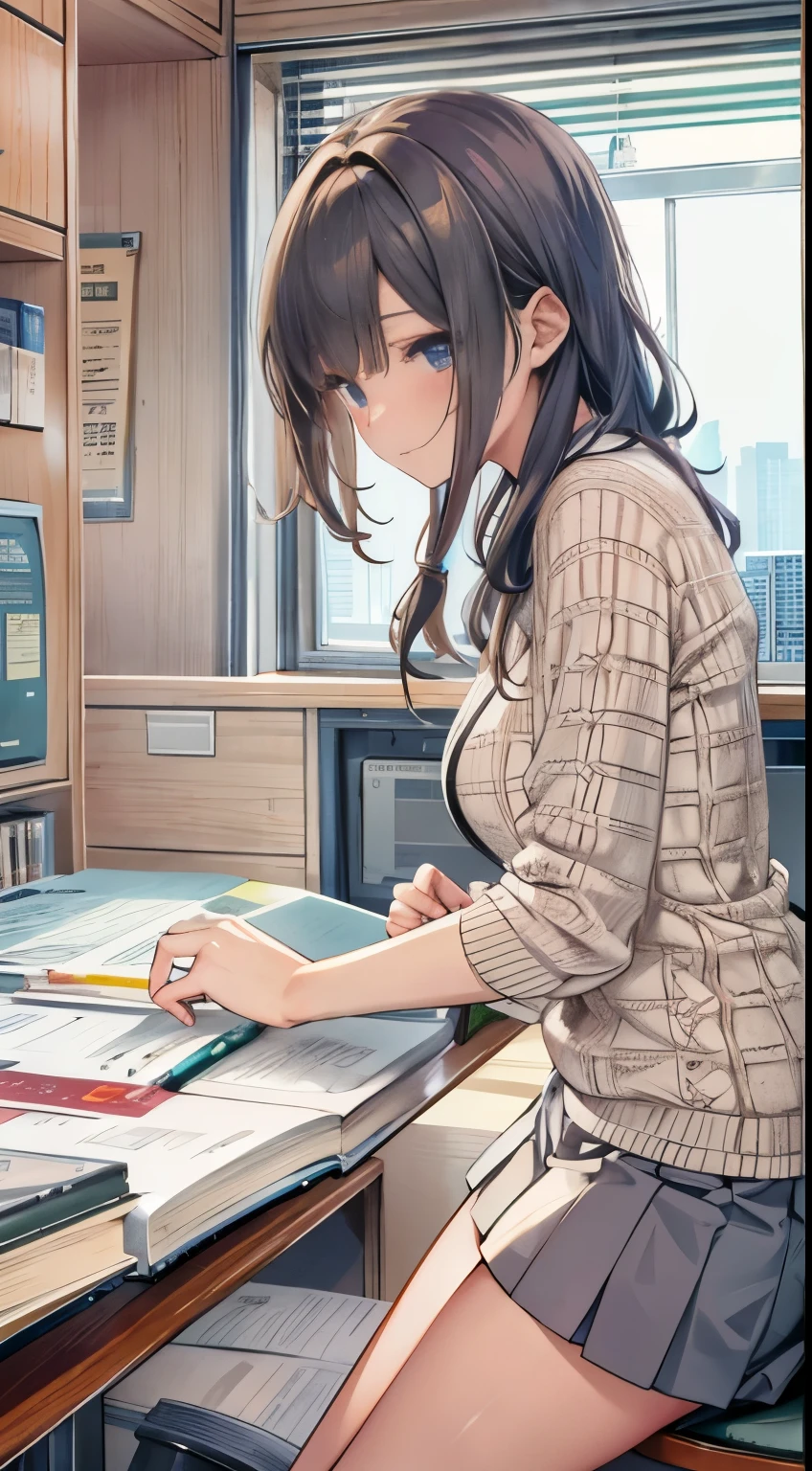 woman working at a desk, girl,shortcut、 Realistic young gravure idol, タイトでシンプルな服を着たかわいいgirl,, 美しいアニメのgirl, tight clothing, perfect expression, young thin、