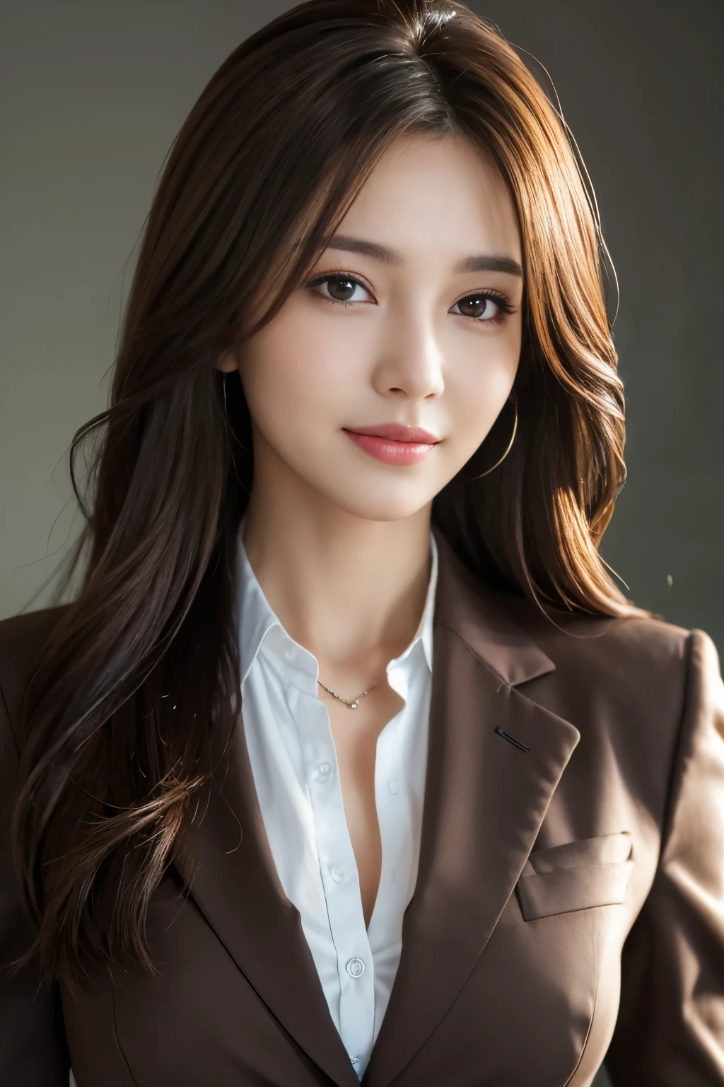 table top, highest quality, realistic, Super detailed, finely, High resolution, 8k wallpaper, 1 beautiful woman,, light brown messy hair, wearing a business suit, sharp focus, perfect dynamic composition, beautiful and detailed eyes, thin hair, Detailed realistic skin texture, smile, close-up portrait, model body shape