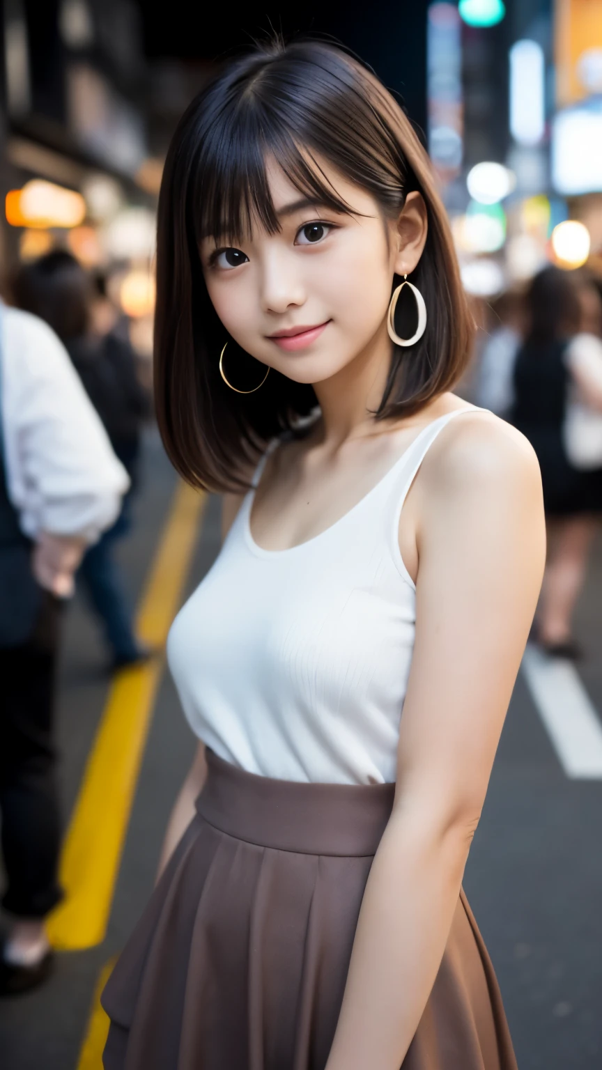 (Surrealism, RAW photo, Incredibly absurd, Nikon, 8k, super detail, masterpiece, intricate details), 
(anatomically correct, perfect human body, beautiful and cute face, silky skin), 
(16 years old, Japanese girl, idle face, Haruka Fukuhara, slim waist and busty body, Slender legs, large breast, baby face), 
((round face, black hair, short bob cut, bangs, Down-slating eyebrows, Moist eyes, Shining eyes, one little earring, light blush)), 
(street snap, random pose, pinch the skirt), 
(look down at the viewer, look at camera, close eyes and smile), 
((micro mini skirt, flashy teenage outfits, small bag)), 
(Tokyo, Shibuya, Main street, very crowded road), 
Natural lighting, full length, whole body, angle from below